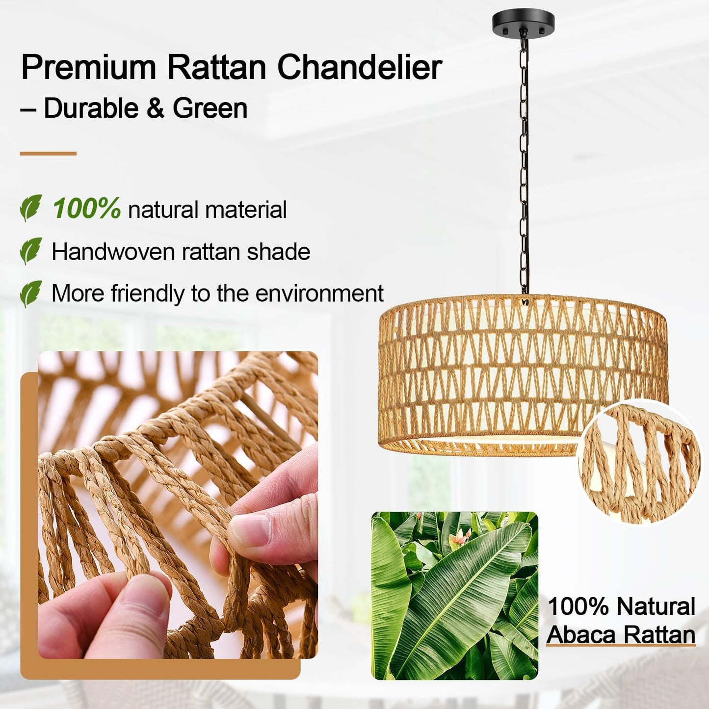 Farmhouse Chandeliers for Dining Room, Hand Woven 5-Light Rattan Pendant Light, Boho Rattan Chandelier with Linen Shade, Rustic Hanging Lighting for Bedroom and Kitchen Island (Bulb Not Included)