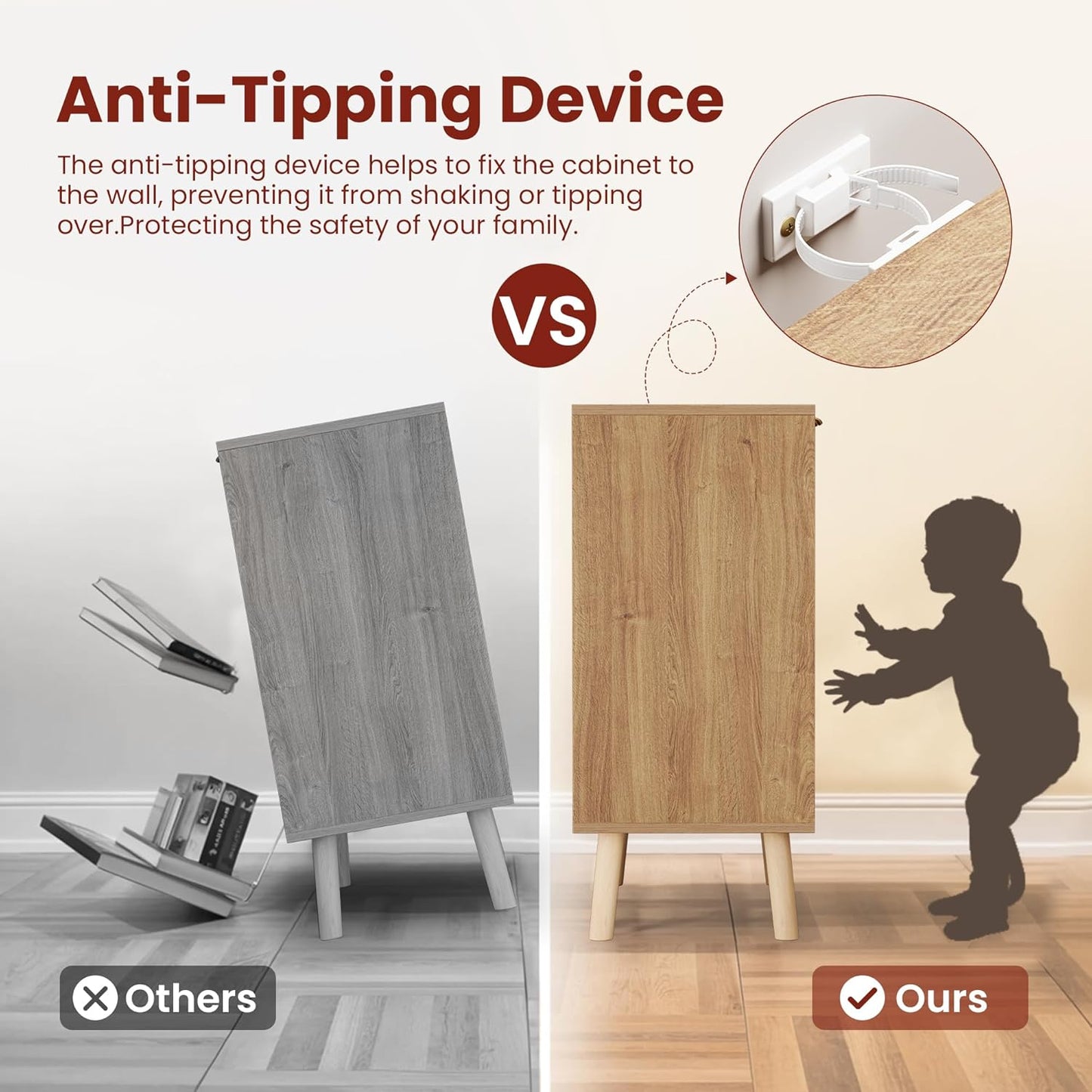 Pamapic Fluted Storage Cabinet, Sideboard Buffet Cabinet with Storage, Buffet Sideboard, Console Table, Credenza, Wood Modular Organizer with Doors & Shelf（Oak）