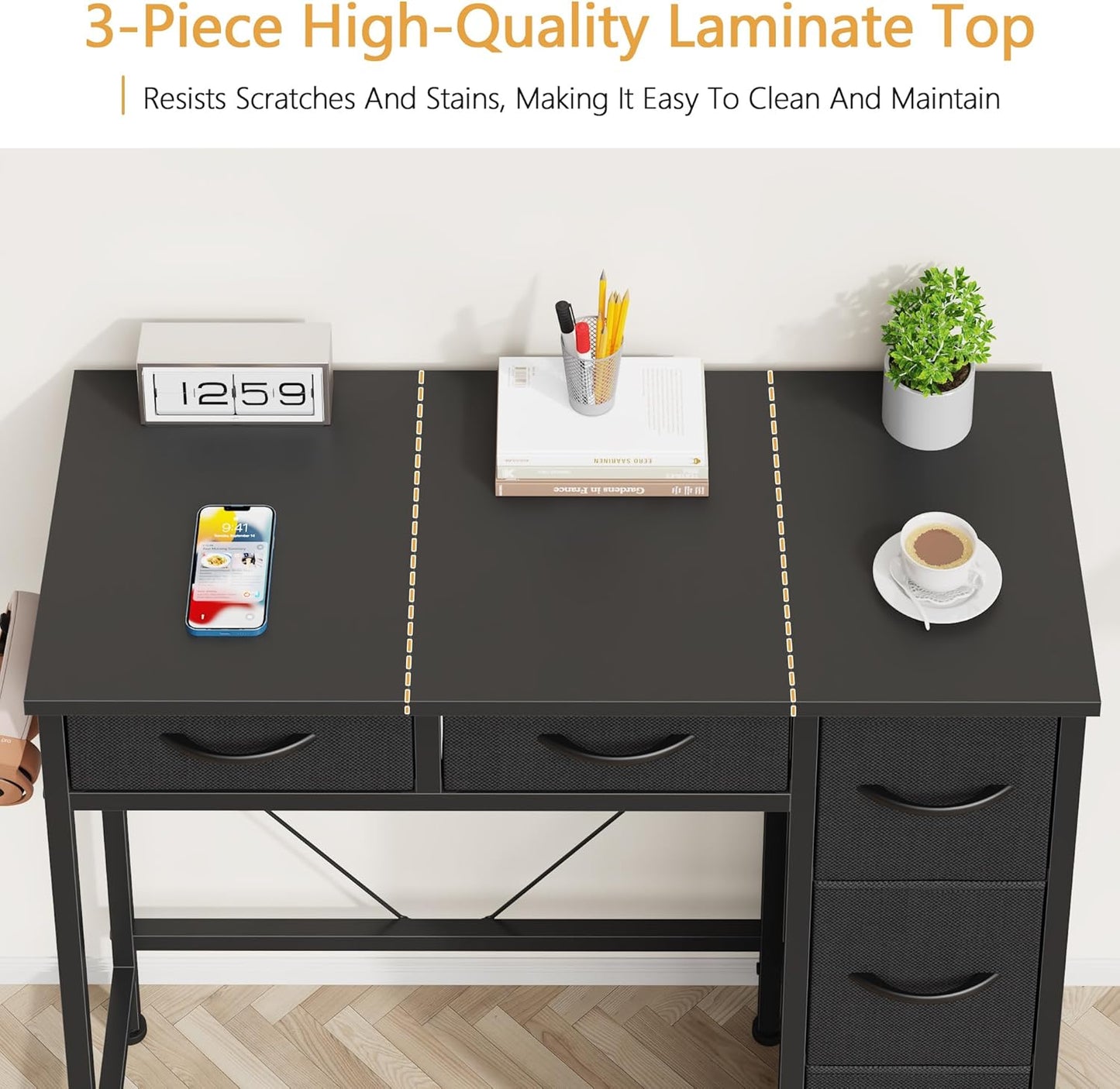 Small Computer Desk with 5 Fabric Drawers, 33 Inch Writing Desk for Home Office, Simple PC Desks for Small Place, Kids Girls Teen Study Table Vanity for Bedroom Dorm, Black