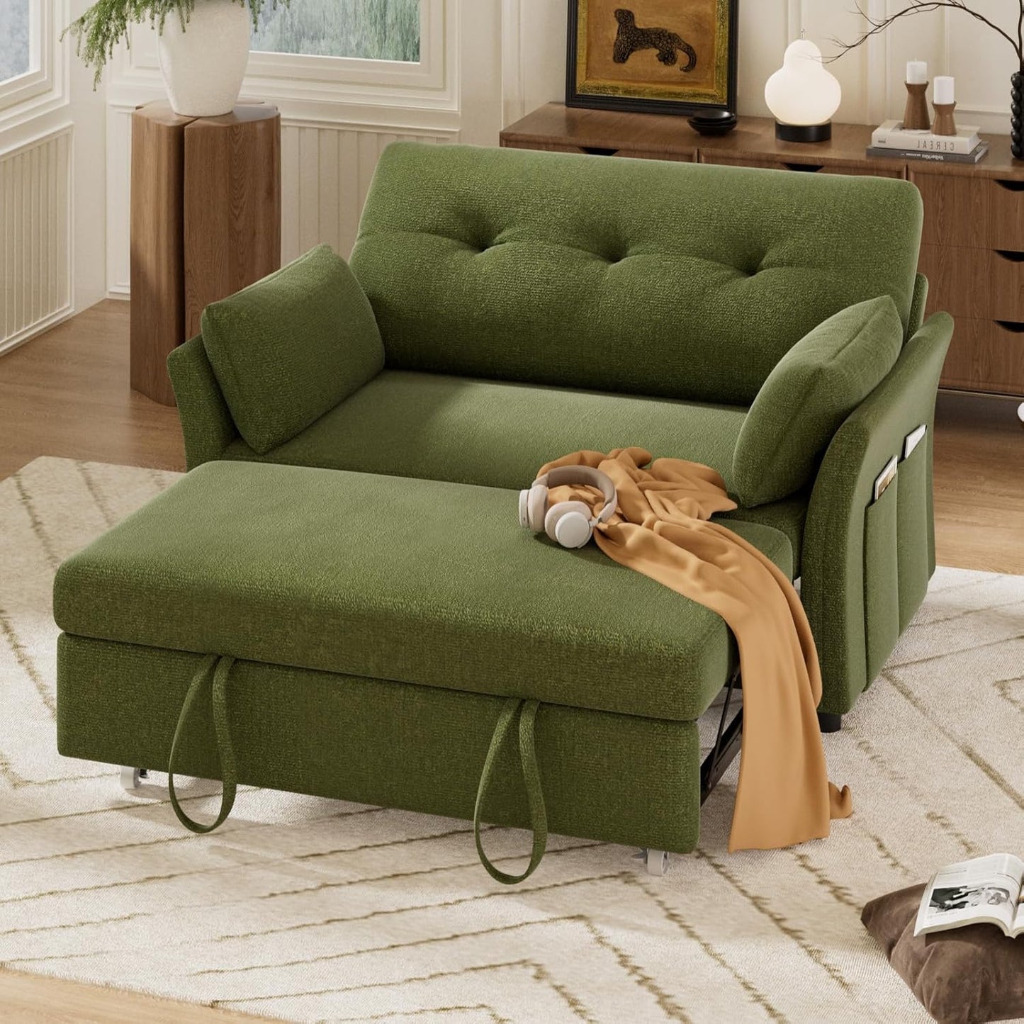 Vipbear 3-in-1 Chenille Convertible Sofa Bed, Pull Out Sleeper Sofa with Side Pocket & Adjustable Backrest, Tool-Free Assembly, Folding Loveseat for Living Room, Apartment, Green
