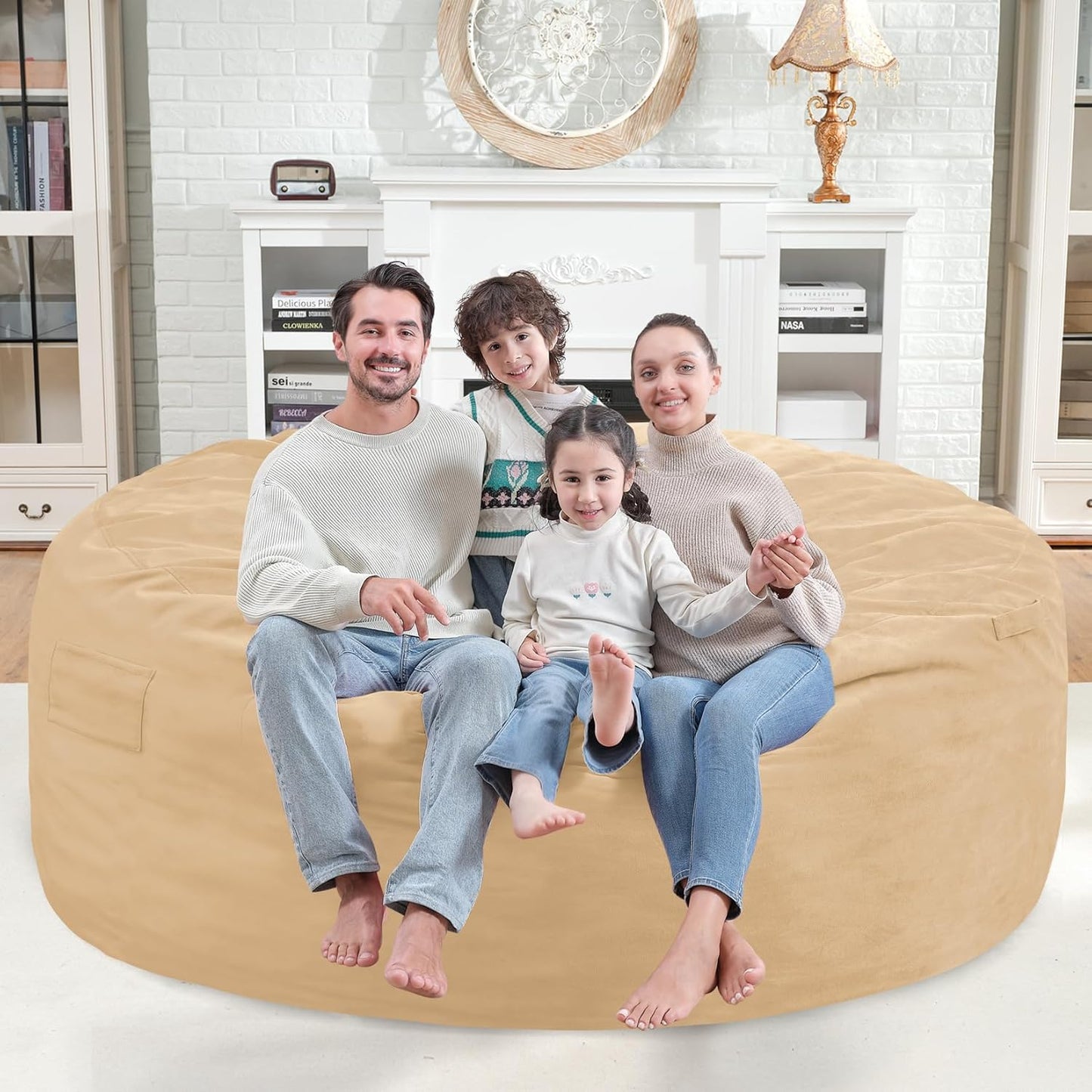 6FT Bean Bag Chair, Large Bean Bag Chairs with Memory Foam Filled, Fluffy Beanbag Sofa with Dutch Velvet Cover, Round BeanBag Chairs for Living Room, Playroom - Khaki