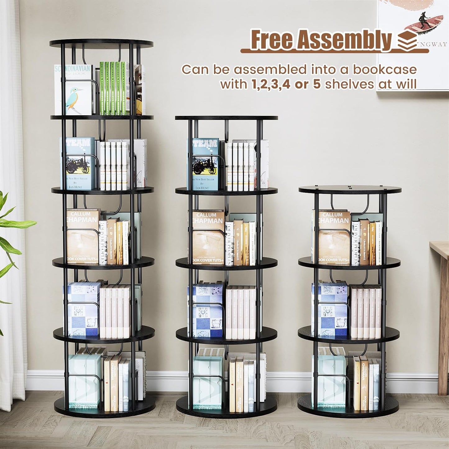 Rotating Bookshelf, 4 Tier Spinning Bookshelf Tower, 360° Display Round Bookcase, Floor Standing Corner Revolving Bookshelf Organizer Storage Rack for Small Spaces, Home Study Office, Black