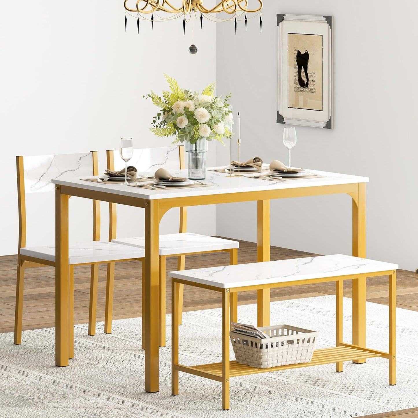 SogesHome Kitchen Table Set for 4, Compact Dining Table Chair Set with Bench, 4 Piece Table with Built-in Storage Racks, Metal Frame, for Apartment, Restaurant, Gold