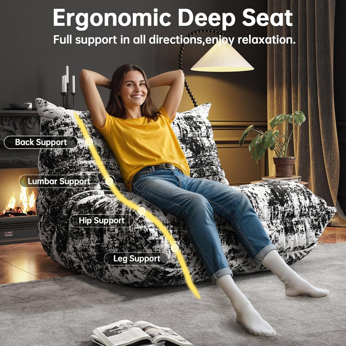 Bean Bag Chairs for Adults, BeanBag Reading Chair Memory Foam Couch, Floor Chair Soft Teddy Material, Comfy Reading Nook Chairs for Bedroom Living Room Office (Ink Painting)