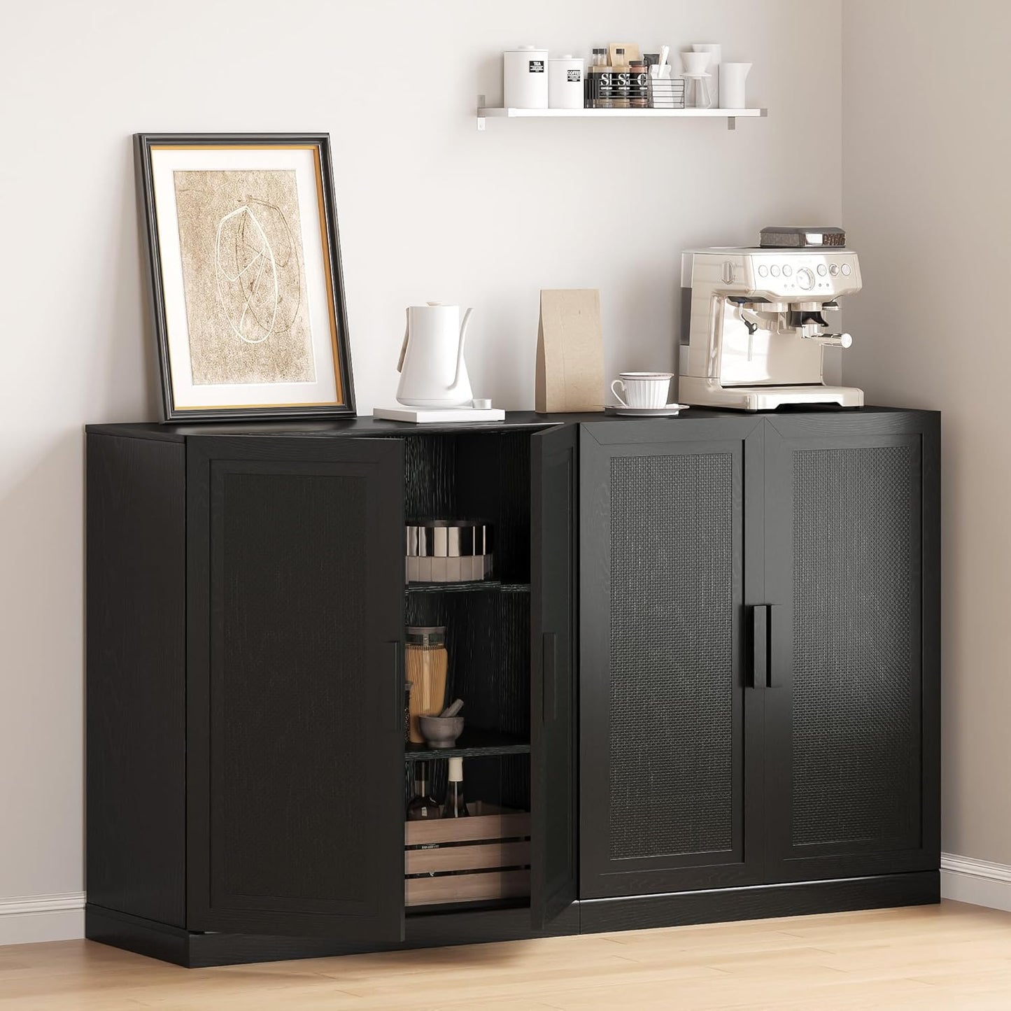 Buffet Cabinet, 4-Doors Sideboard Cabinet with Rattan Panels, Buffet Console Accent Table for Hallway Entryway Dining Room, 72", Black