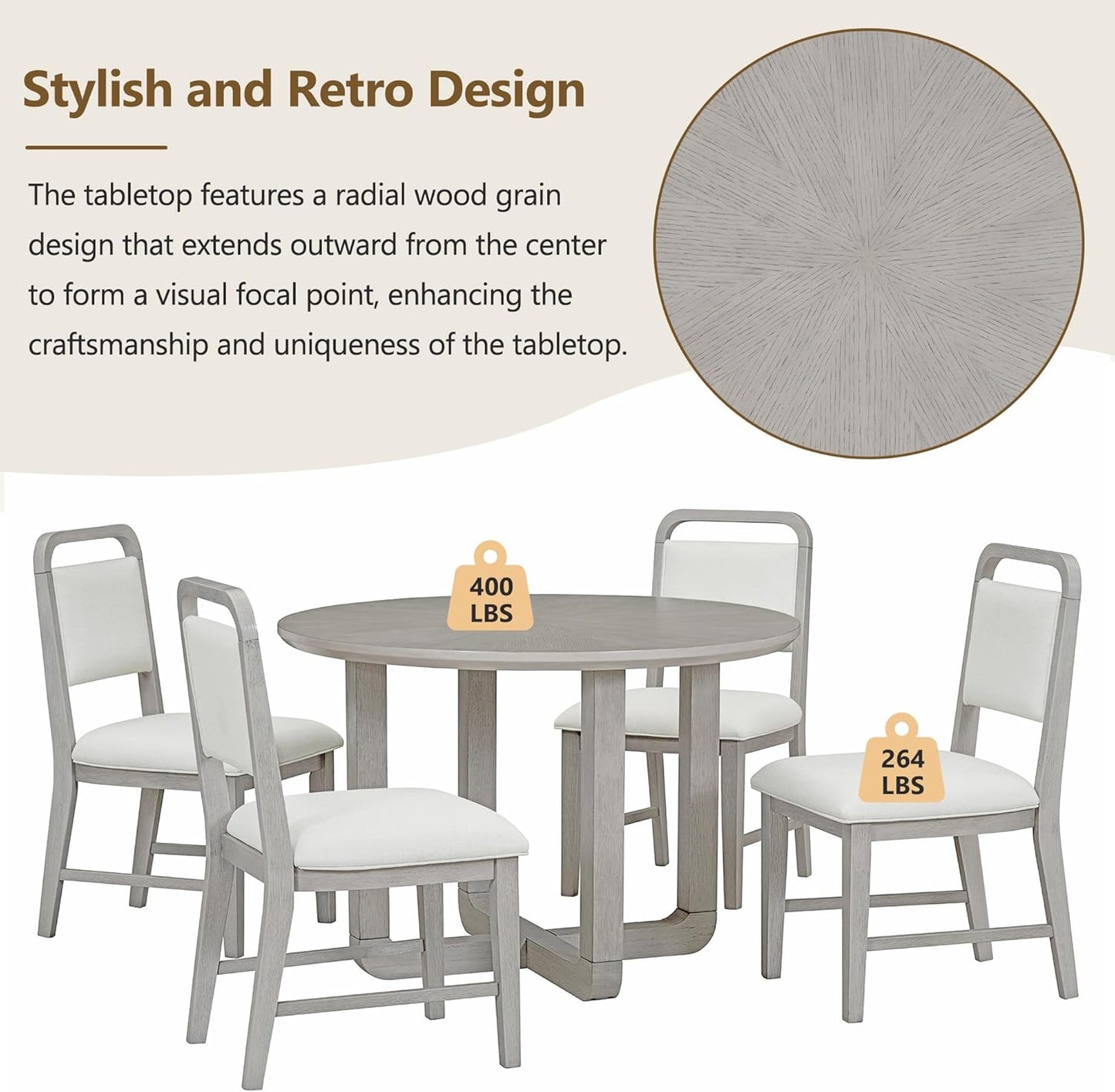 Merax 5-Piece Retro Dining Set, Round Table Top with Radial Wood Grain Design and 4 Upholstered Chairs for Dining Room and Kitchen, Antique Gray