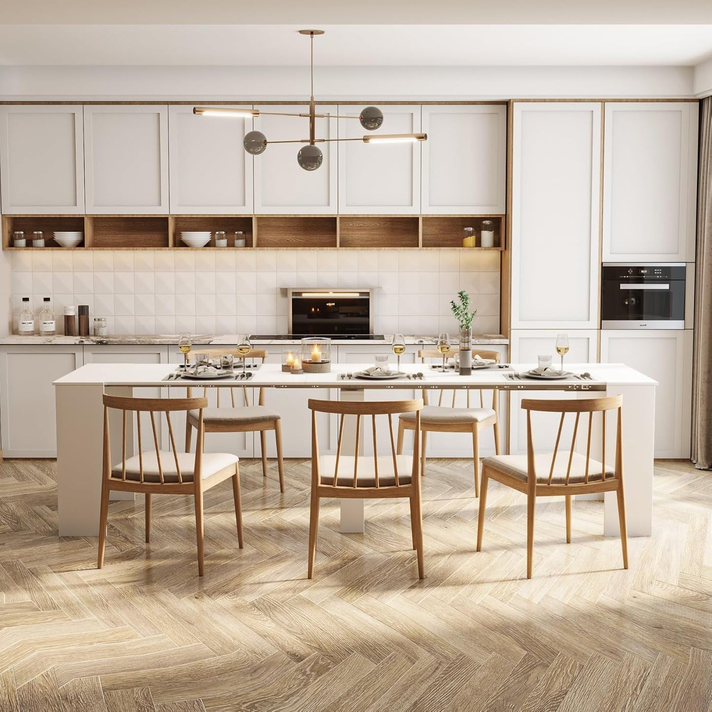 KEIKI 20”-118.5”L Extendable Foldable Dining Room Table for 1-10 People, Wood Modern Rustic Rectangle Expandable Kitchen Living Meeting Room Furniture, 6 Tabletop Length Options, White