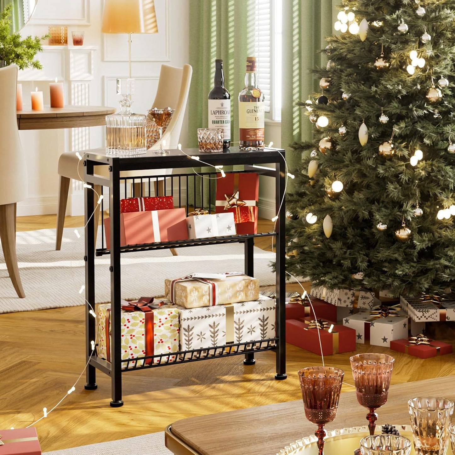 Narrow Side Table for Small Space, 3-Tier End Table with Magazine Holder, Slim Nightstand with Wire Shelf, Skinny Bedside Table in Living Room, Bedroom, Study, Kitchen and Balcony (Black)