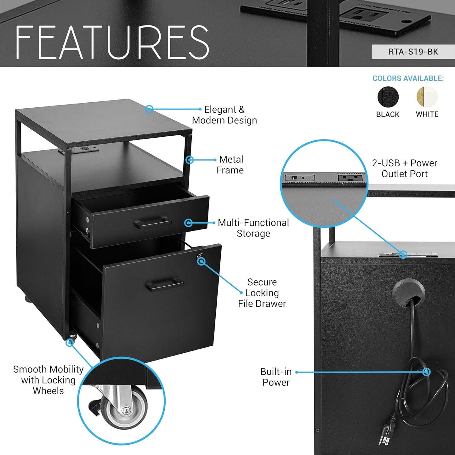 Techni Mobili Modern 2-Drawer Rolling File Cabinet with Lock, 2 USB Ports and Power Outlet for Device Charging, Portable File Organizer or Printer Stand for Office or Home with Locking Wheels, Black