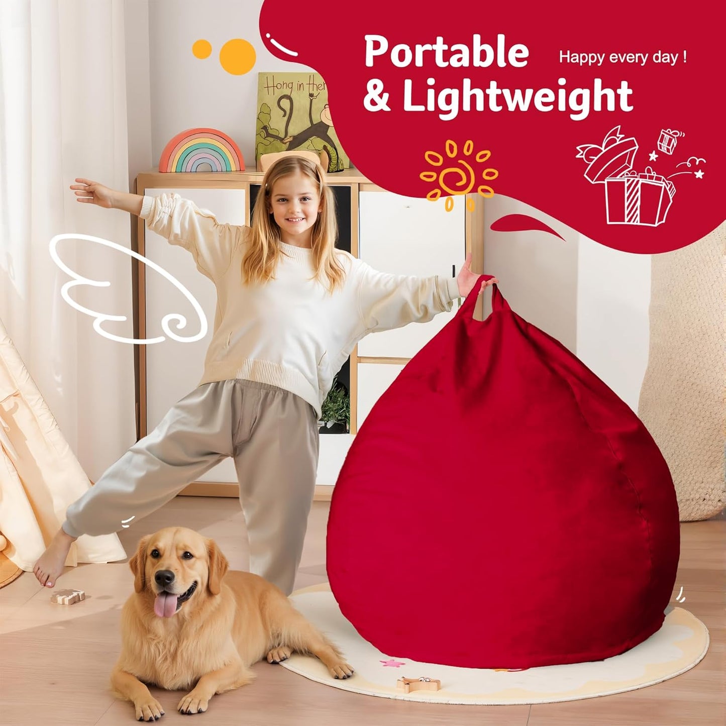 Homguava 2FT Bean Bag Chair: 2' Bean Bags with Memory Foam Filled,Comfy Beanbag Chairs Round Bean Bag Sofa with Dutch Velvet Cover-Red