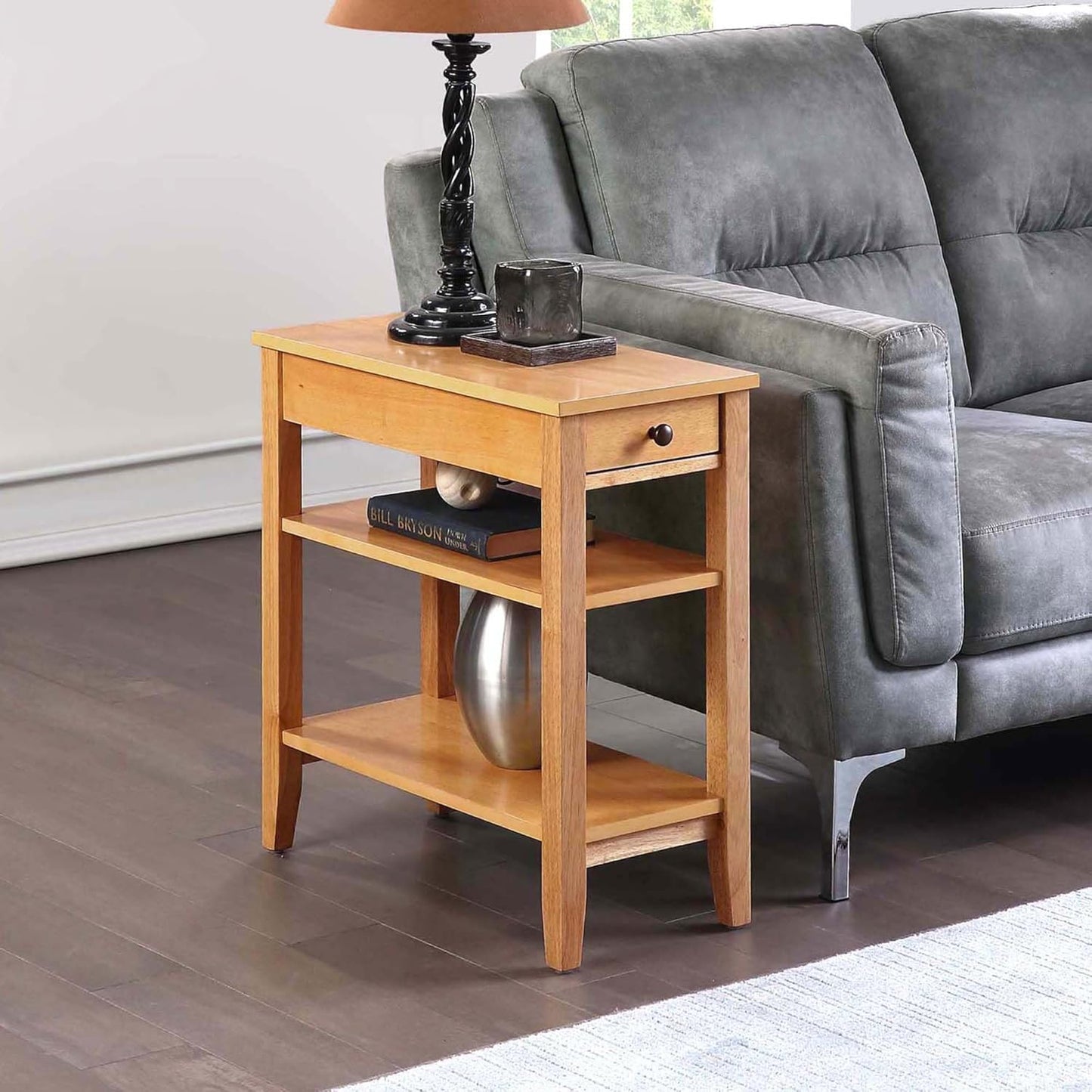 Convenience Concepts American Heritage Chairside End Table 23.5" - Classic Narrow Side Accent with Storage Drawer & Shelves for Living Room or Traditional Bedroom Nightstand, Natural