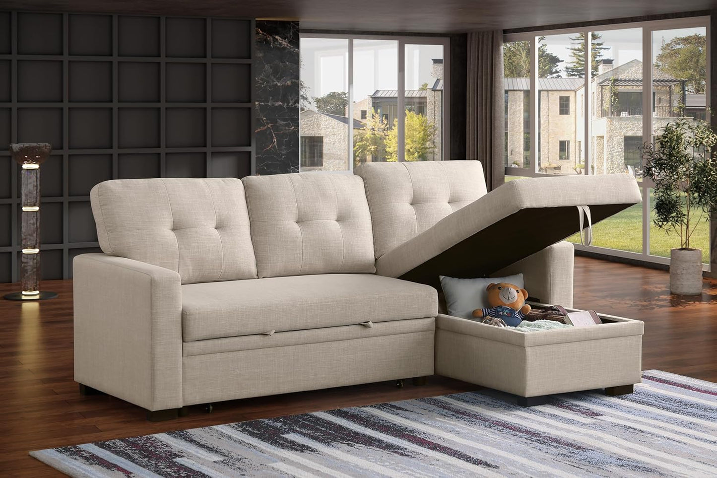 Devion Furniture Meridian 4-in-1 Convertible L Shaped Couch with Pull Out Bed and Storage, Sectional Sleeper Sofa with Reversible Chaise for Living Room, Apartment, Bedroom, Office