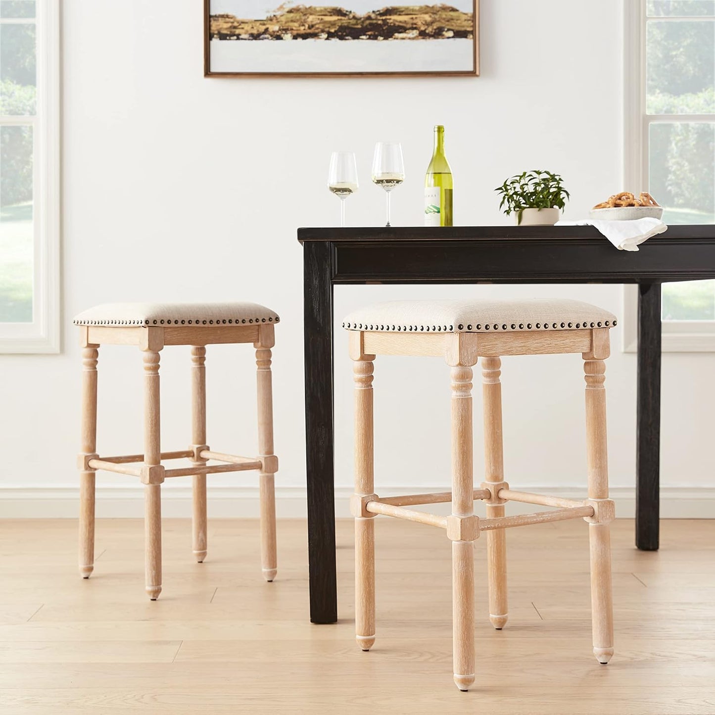 Roundhill Furniture Arnhem Wood Upholstered Swivel Bar Stools, Set of 2, Tan