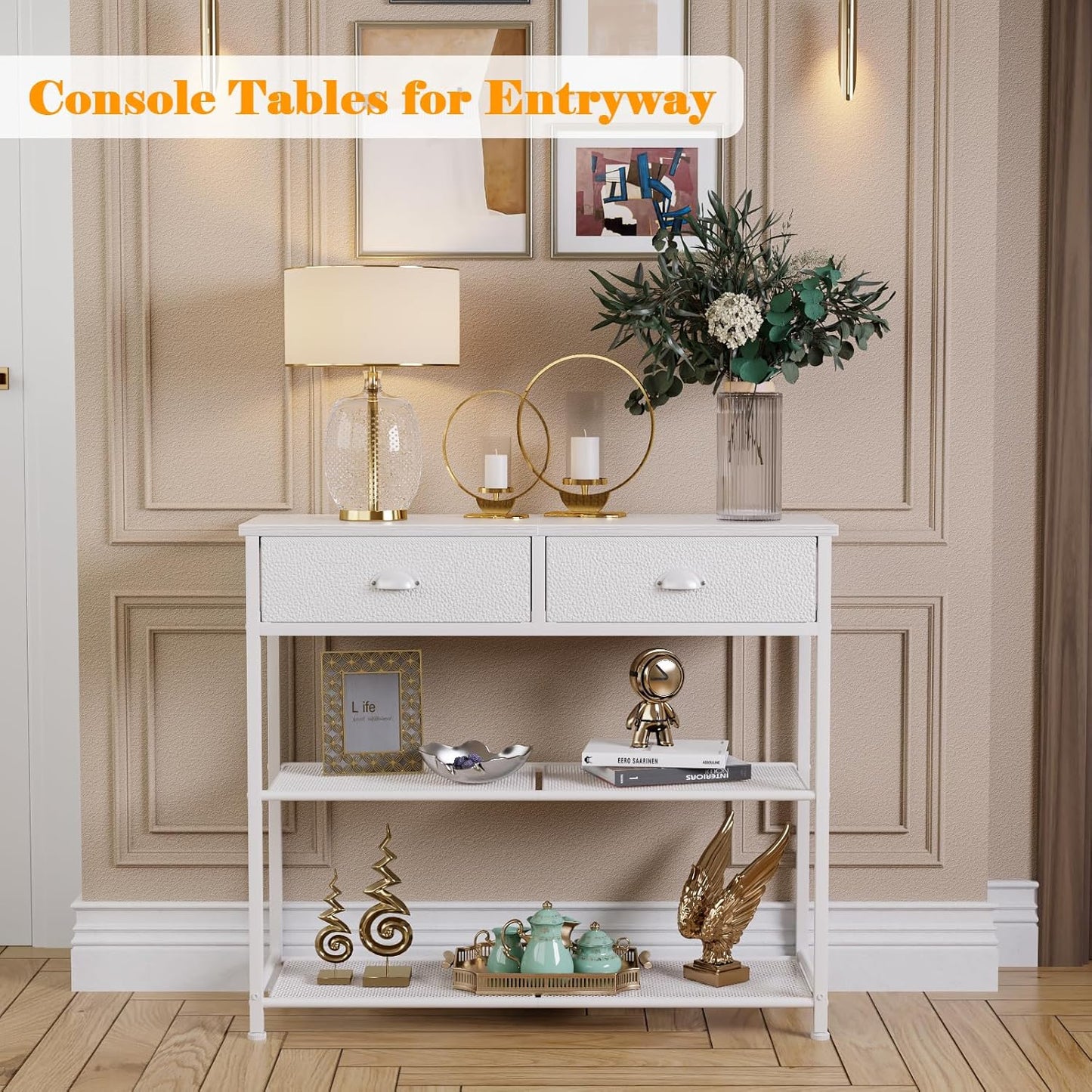 Furologee 30'' Entryway Table, White Console Table with Storage, Narrow Sofa Table with 2 Drawers and 2 Shelves for Hallway, Living Room, Bedroom, Foyer, Couch, Tv