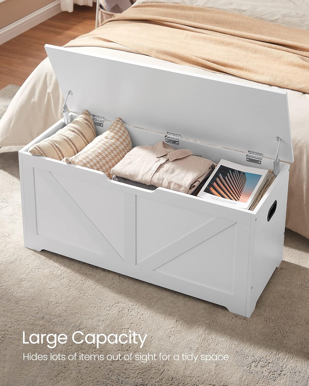 VASAGLE Storage Chest, Storage Trunk with 2 Safety Hinges, Storage Bench, Shoe Bench, Farmhouse Style, 15.7 x 39.4 x 18.1 Inches, for Entryway, Bedroom, Living Room, Cloud White ULSB060T14