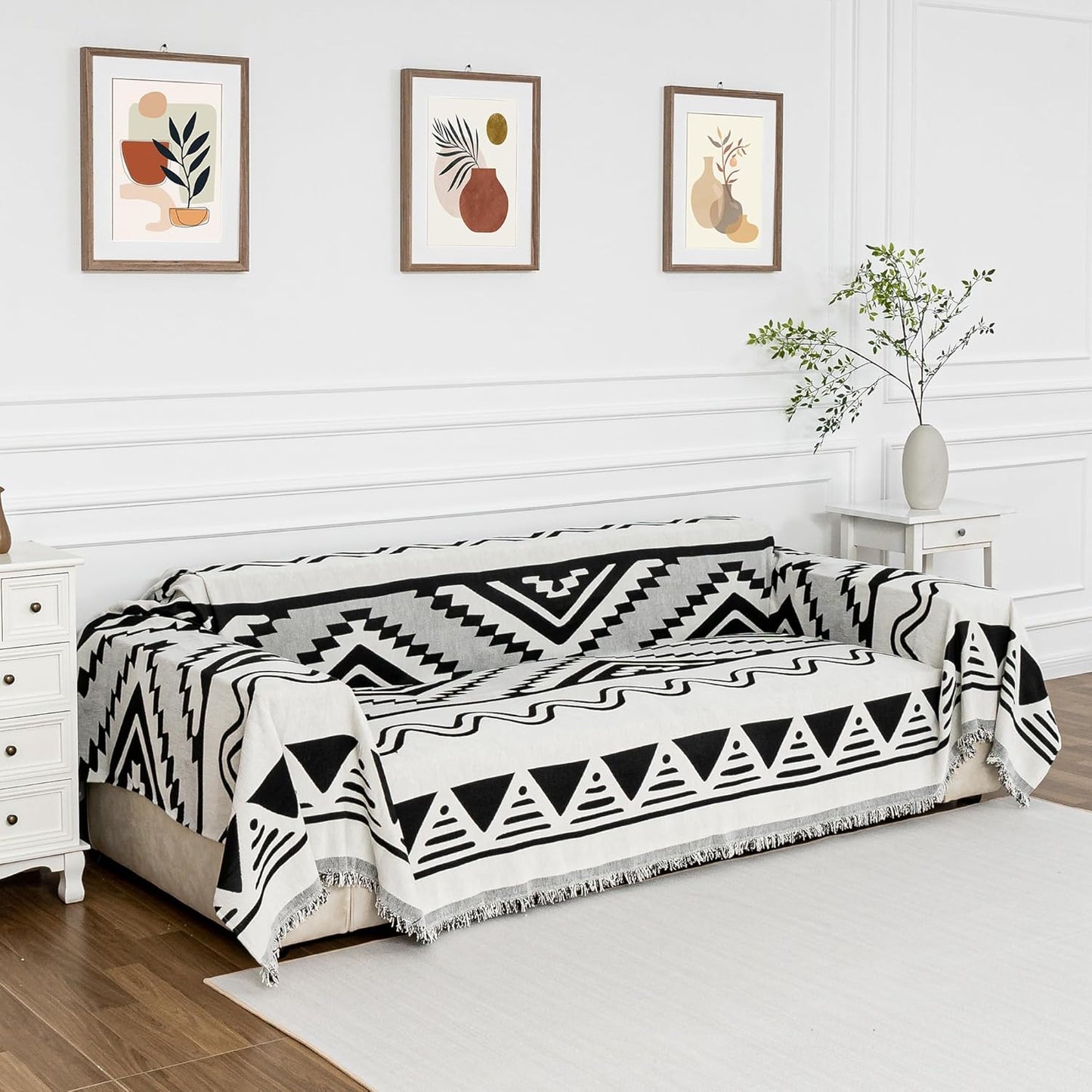 MYSKY HOME Sectional Couch Cover Black Boho Geometric Sofa Covers for Sectional Sofa L Shape Chenille Couch Protector for Dogs Pets Couch Throw Cover Washable Durable for Home Decor, 71" X118"