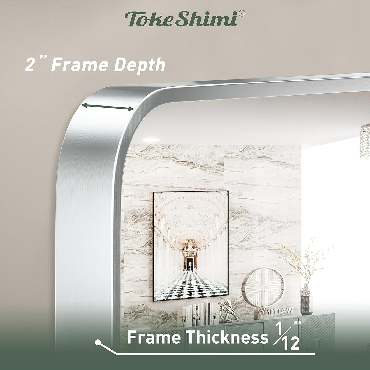 TokeShimi 60 x 36 Inch Brushed Silver Bathroom Mirror for Wall Brushed Brass Metal Rounded Corner Rectangle Mirror Metal Frame Deep Set Design Hangs Horizontal Or Vertical