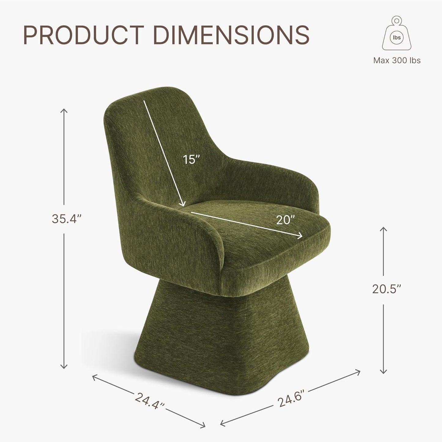 Swivel Dining Chair Set of 1, Mid Century Modern Chair Fabric Upholstered Armchair with Armrest & Ergonomic Backrest for Dining Room, Kitchen, Bedroom, Living Room, Green