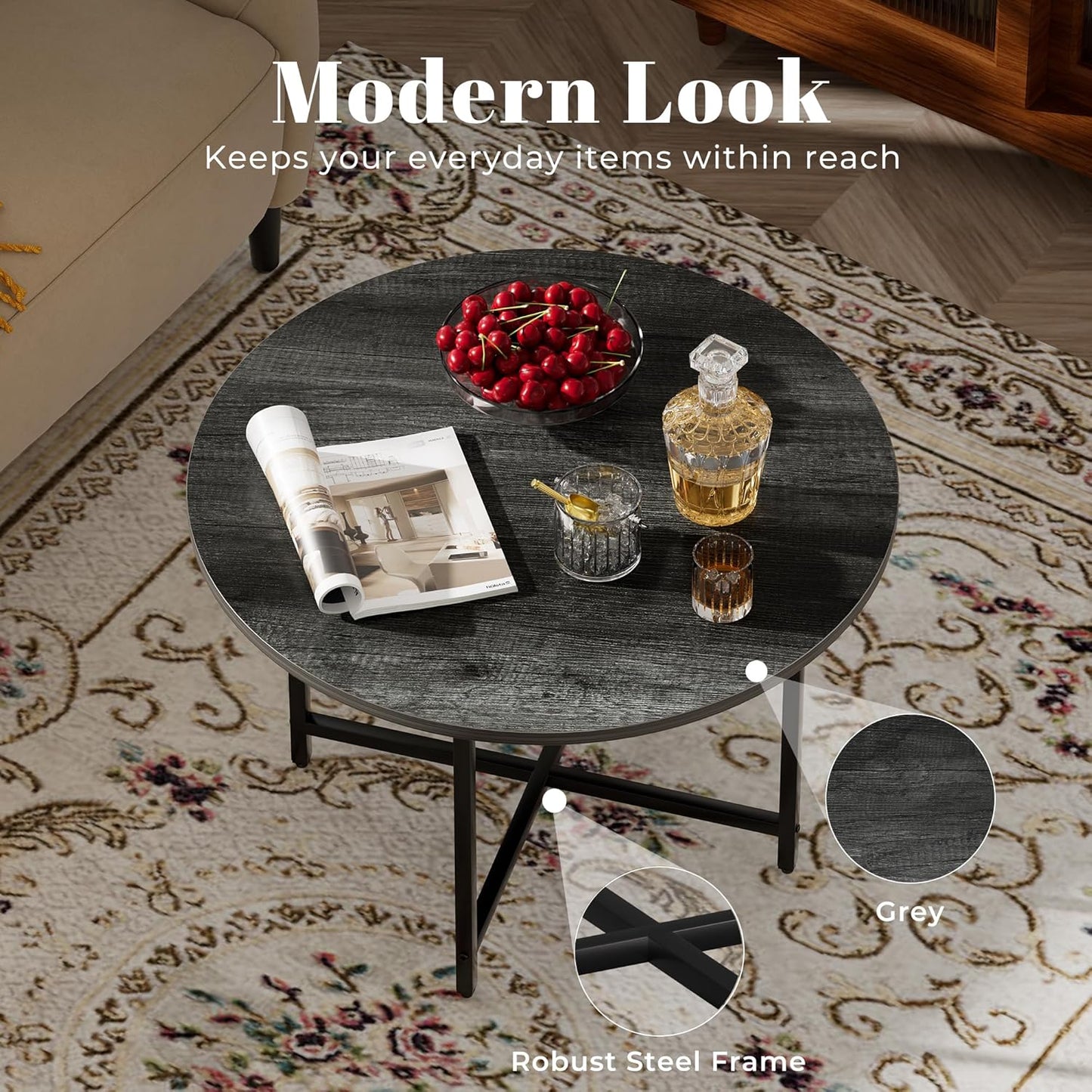 Round Coffee Table, Small Coffee Tables for Living Room, Wood Coffee Table with Metal Frame, Floor Table Desk for Sitting on The Floor, Home, Office, Farmhouse, Dark Gray (23.6" D x 17.7" H)