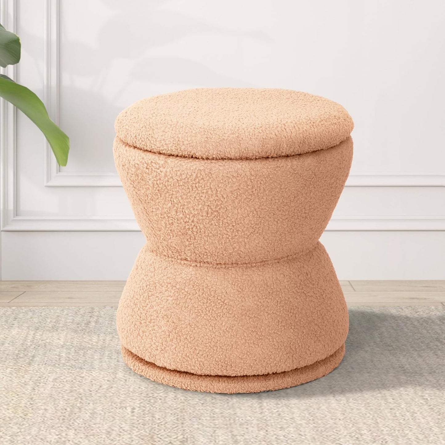 360 ° Swivel Storage Ottoman, Boucle Ottoman Vanity Stool, Upholstered Footstool with Storage Removable Lid, Modern Round Boucle Footrest Coffee Table for Living Room, Dorm, Makeup Room, Coral