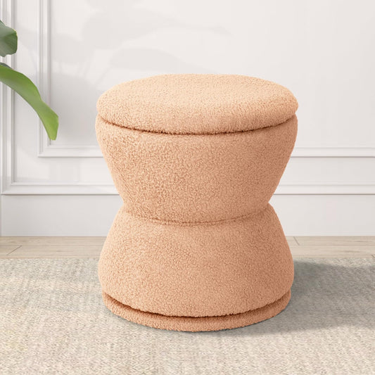 360 ° Swivel Storage Ottoman, Boucle Ottoman Vanity Stool, Upholstered Footstool with Storage Removable Lid, Modern Round Boucle Footrest Coffee Table for Living Room, Dorm, Makeup Room, Coral