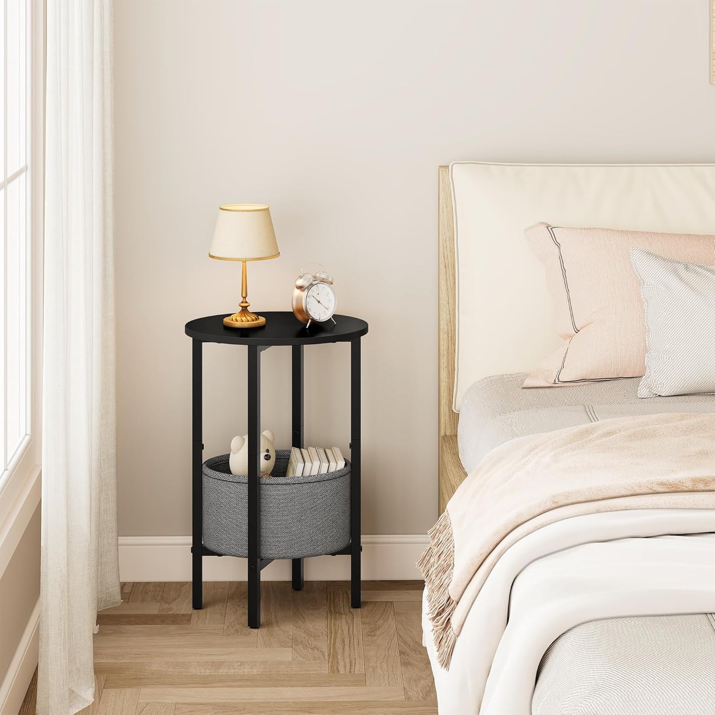Vagusicc Round Side Table End Table with Storage Basket, Small Side Table Round Nightstand for Small Spaces, Tall Oval End Table with Steel Frame, Coffee Bedside Table for Living Room Bedroom, Black