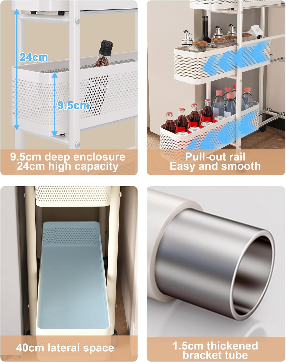 UMDONX Slim Storage Cart 5 Tier with Pull Out Basket Bathroom Organizer Rolling cart, Rolling Utility Cart Slide Out Organizer for Kitchen, Bathroom, Laundry White