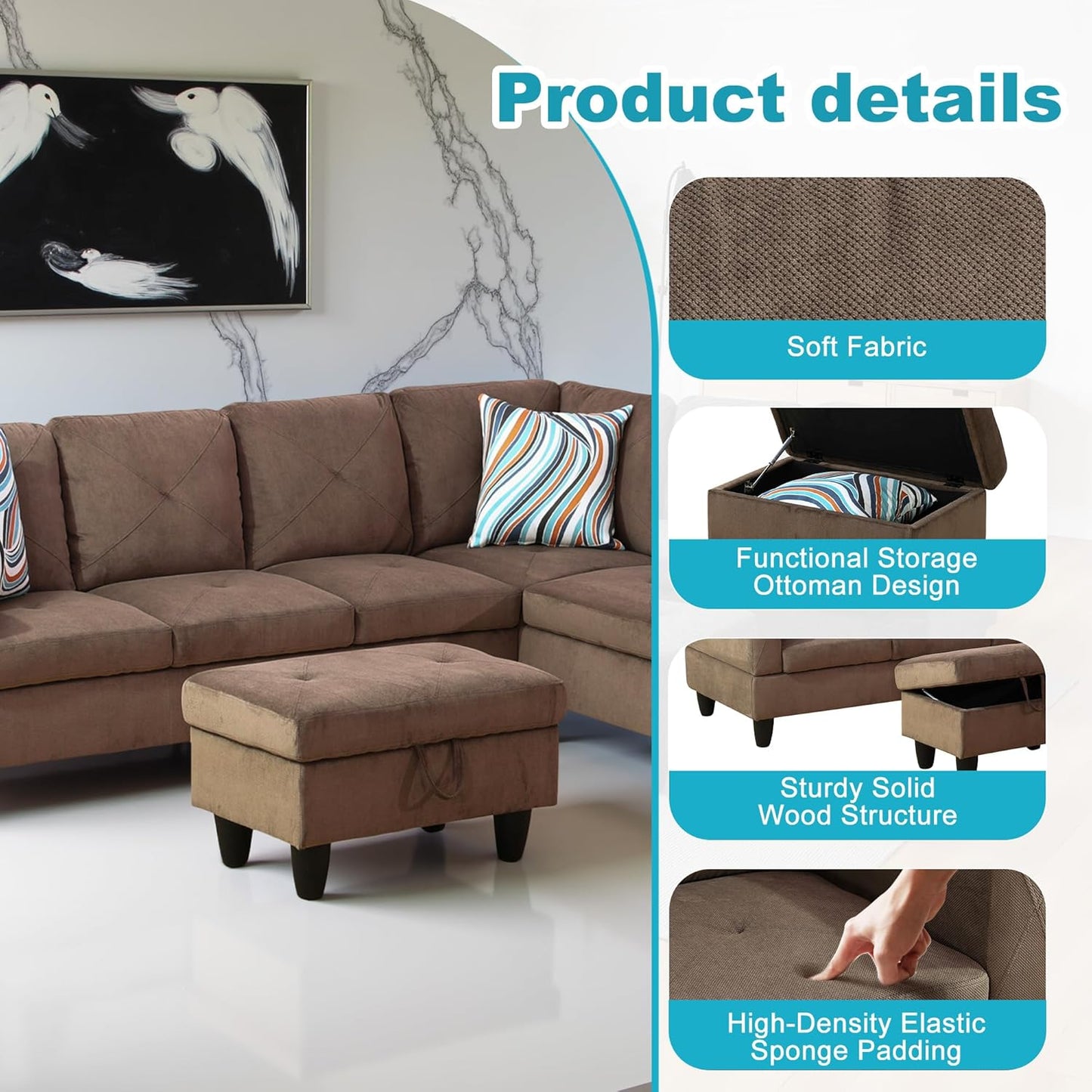 Couches for Living Room Modern L Shaped Couch Comfy Sackcloth Fabric 3 Pieces Sectional Sofa with Chaise, Ottoman with Storage for Office and Small Apartment, Brown