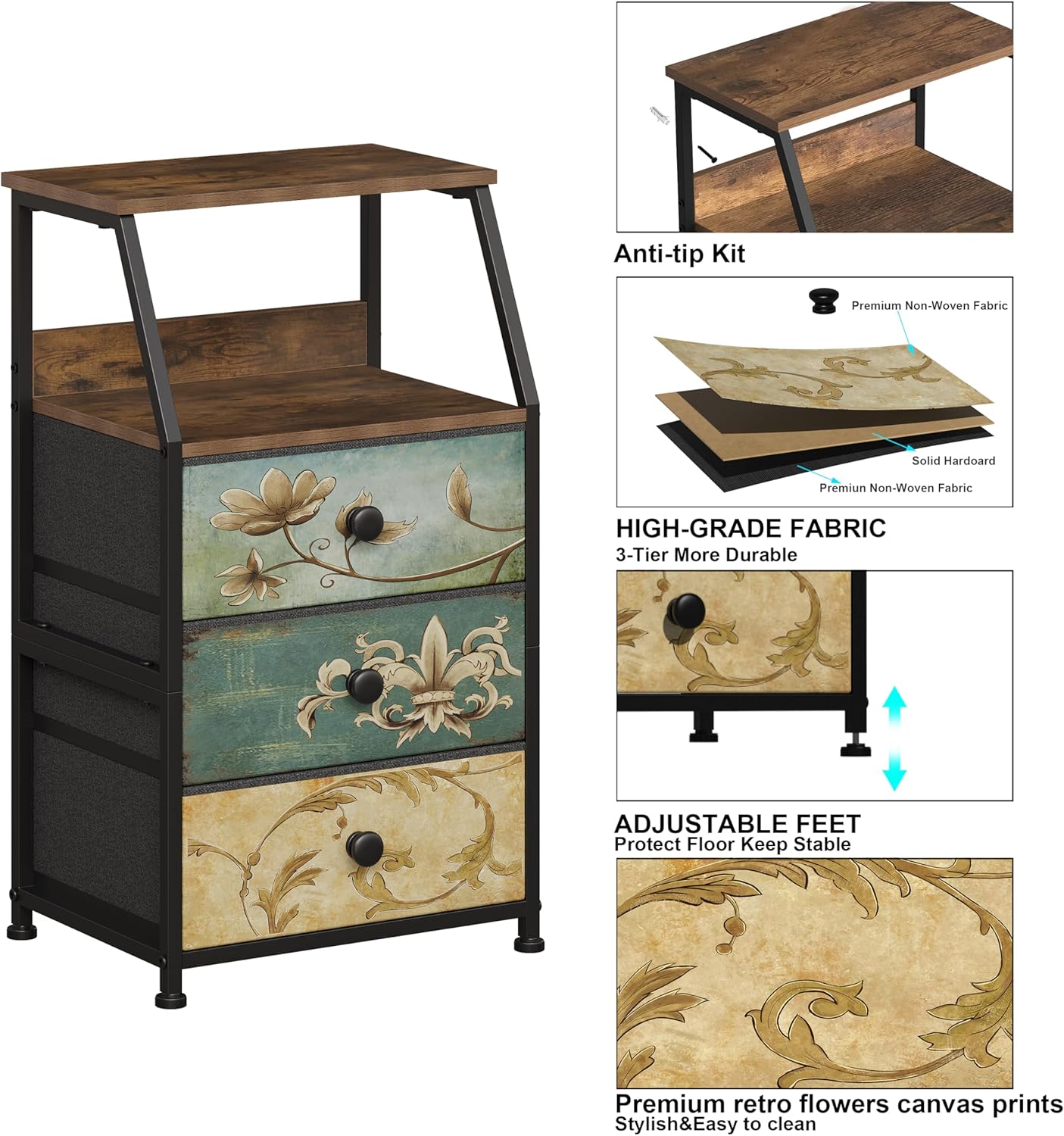 Tohomeor Dresser with Fabric Drawers Nightstand with 2 Tier Shelf Storage Tower for Bedroom Hallway Entryway Closet Organizer Sofa Beside Table Furniture (Multi, 3 Drawers)