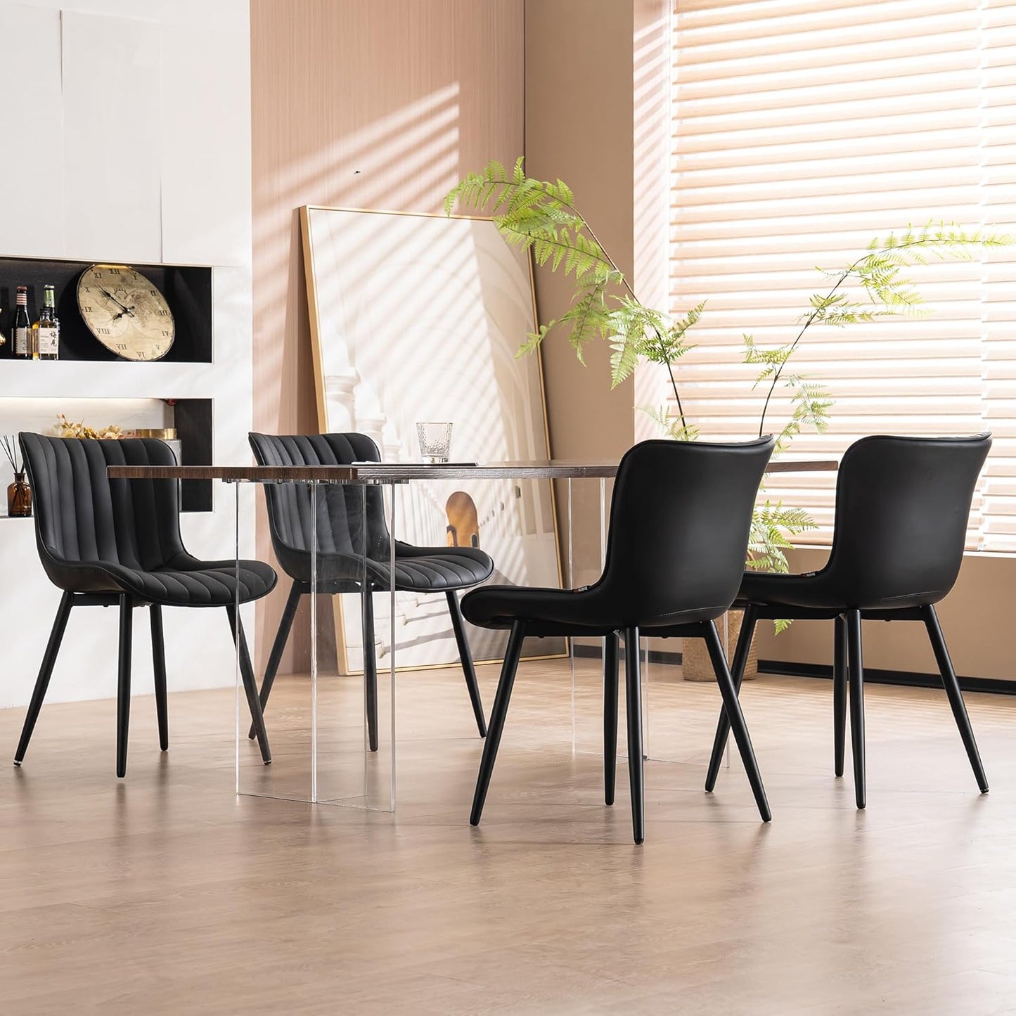 YOUNUOKE Black Dining Chairs Set of 2, Mid-Century Modern Faux Leather Upholstered Armless Kitchen Chairs, Metal Legs, 300 LBS Capability, Minimalist Accent Chair for Living Room