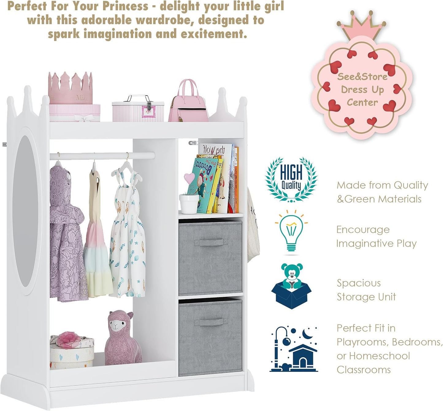 UTEX Kids Play Armoire with Mirror, Storage Bins and Closet for Dress Up and Costumes (White)