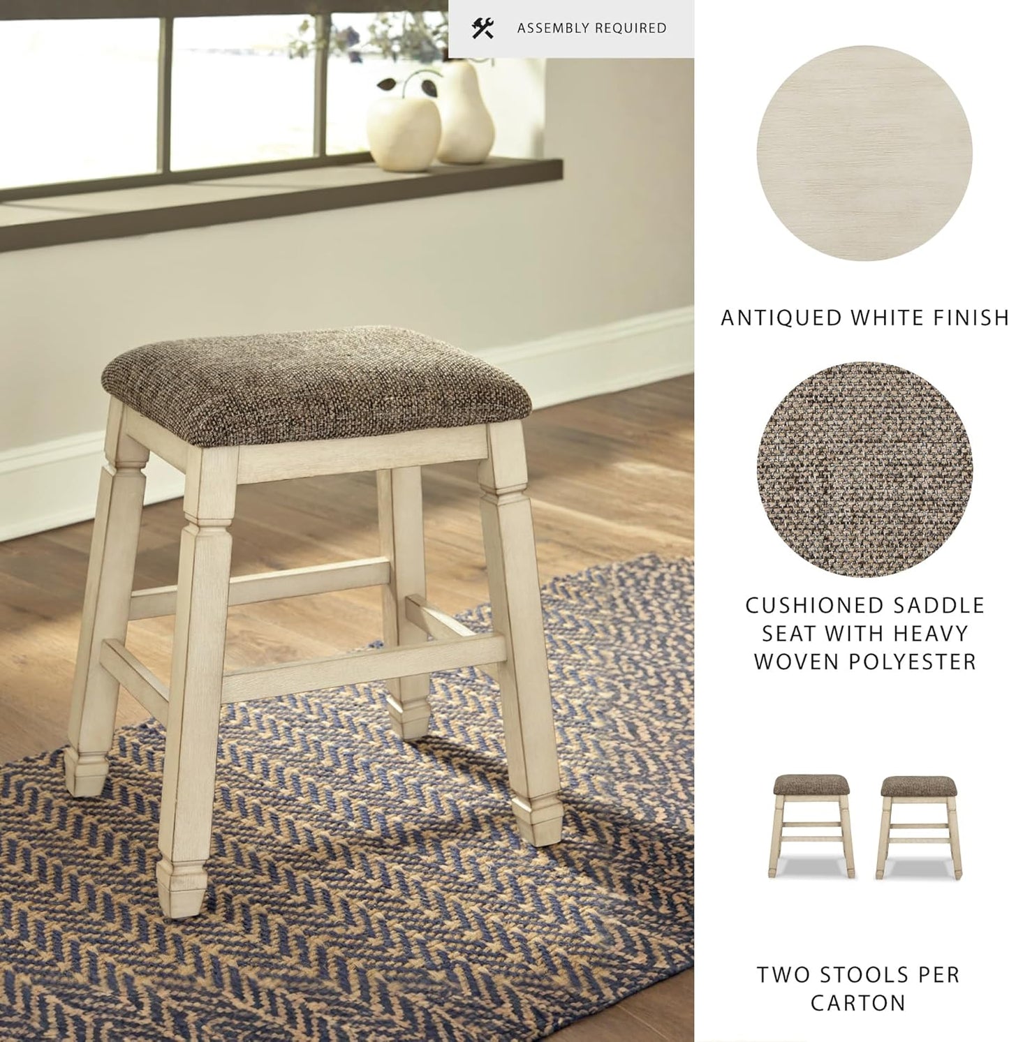 Signature Design by Ashley Bolanburg Farmhouse 24" Counter Height Upholstered Barstool, 2 Count, Whitewash
