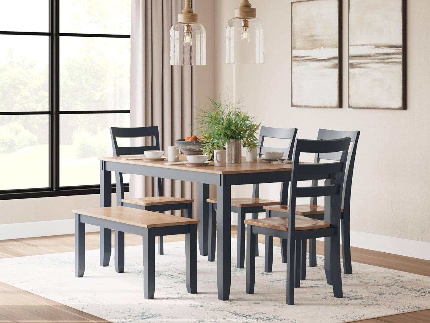 Signature Design by Ashley Gesthaven Modern Dining Table with 4 Chairs and Bench, Set of 6, Blue & Light Brown