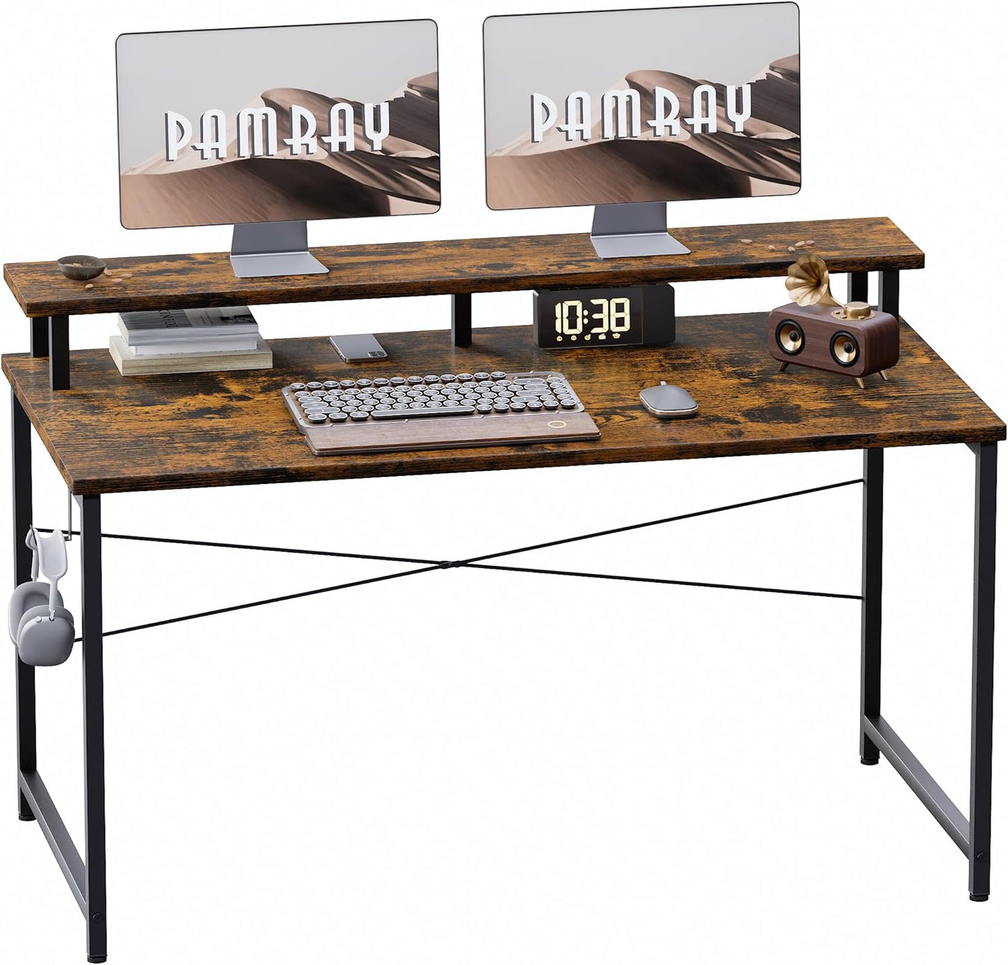 Pamray 47 Inch Small Computer Desk with Monitor Stand, Simple Office Desk with Headphone Hook for Small Spaces, Kids Study Writing Table for Bedroom, Vintage