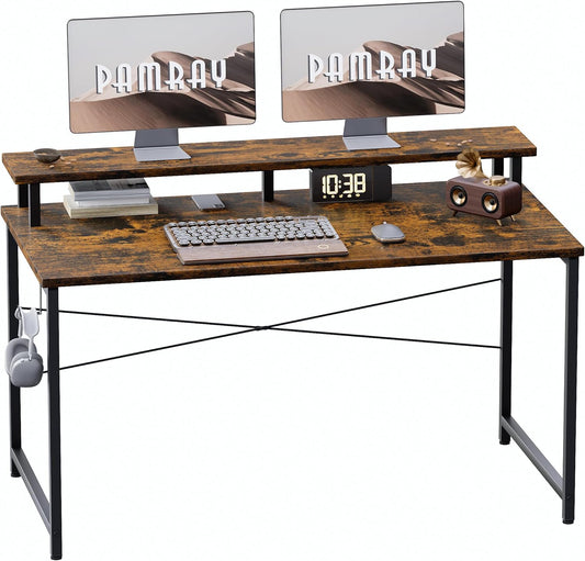Pamray 47 Inch Small Computer Desk with Monitor Stand, Simple Office Desk with Headphone Hook for Small Spaces, Kids Study Writing Table for Bedroom, Vintage