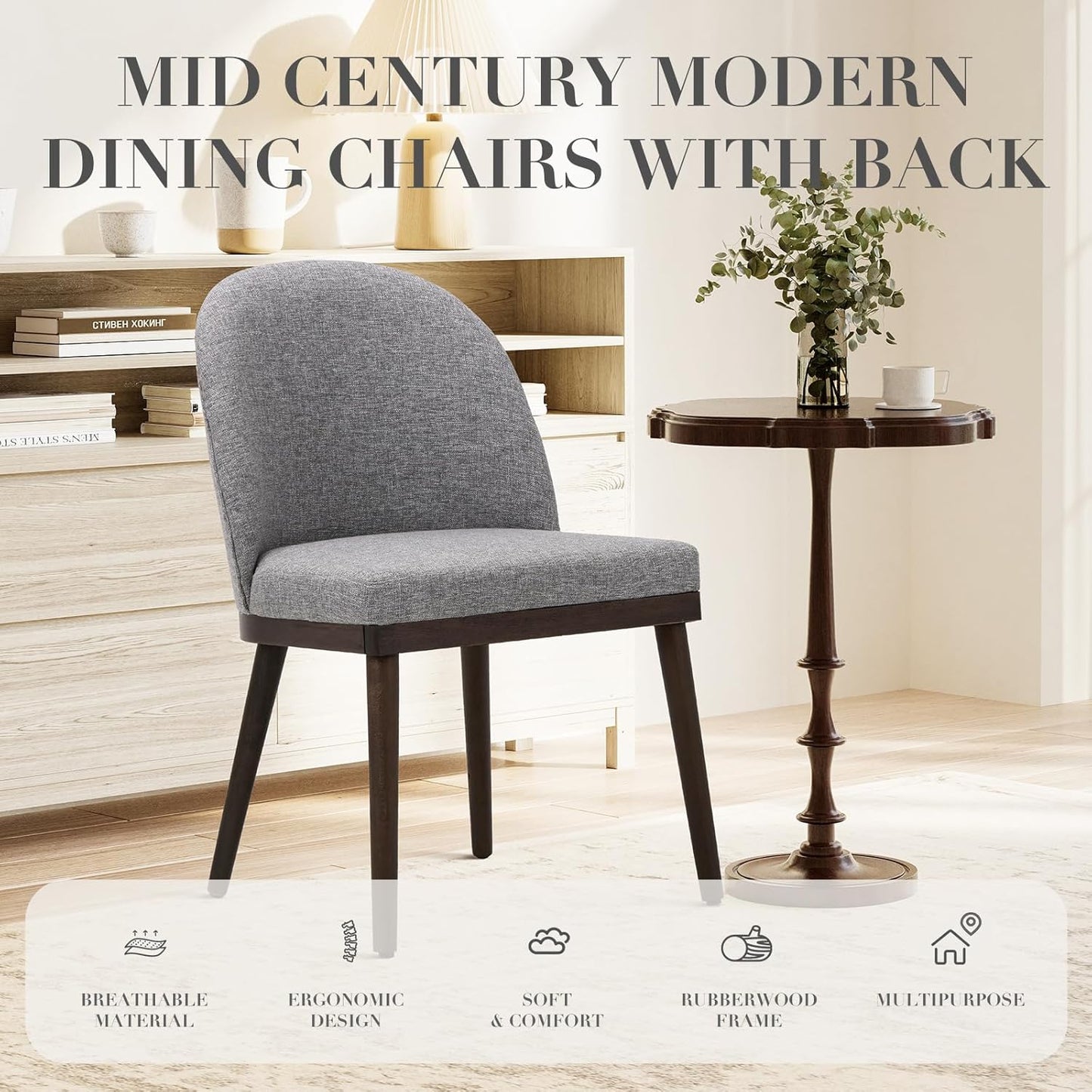 COLAMY Upholstered Dining Chairs Set of 2, Wooden Kitchen Chairs with Open Back, Modern Dining Room Chairs with Wood Frame, Dinner Side Chairs for Dining Room Kitchen Restaurant, Dark Grey