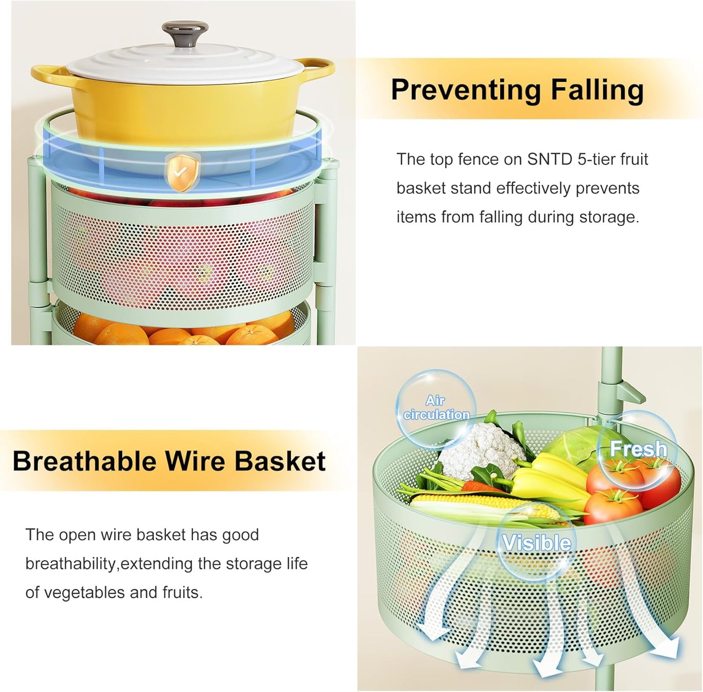 SNTD Fruit and Vegetable Basket Bowls for Kitchen with Metal Top Lid, 5 Tier Rotating Storage Rack Cart for Potato Onion Bread Banana, Wire Basket Organizer on Wheels, Large (Green)