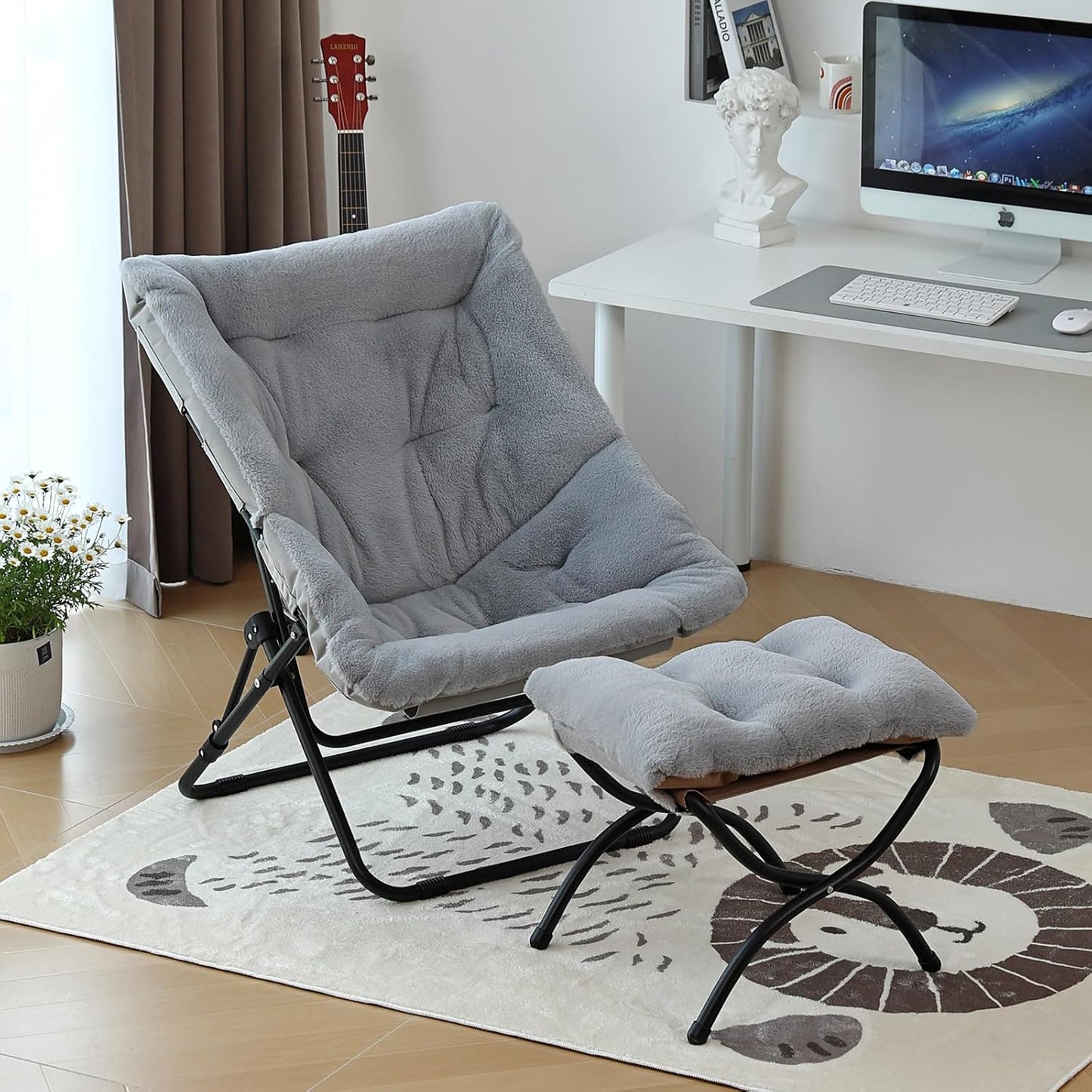 Comfy Folded Chair with Ottoman, Oversized Folding Faux Fur Chair Soft Furry Lounge Lazy Chair with Metal Frame Moon Chair Accent Chair for Bedroom, Living Room, Dorm Rooms