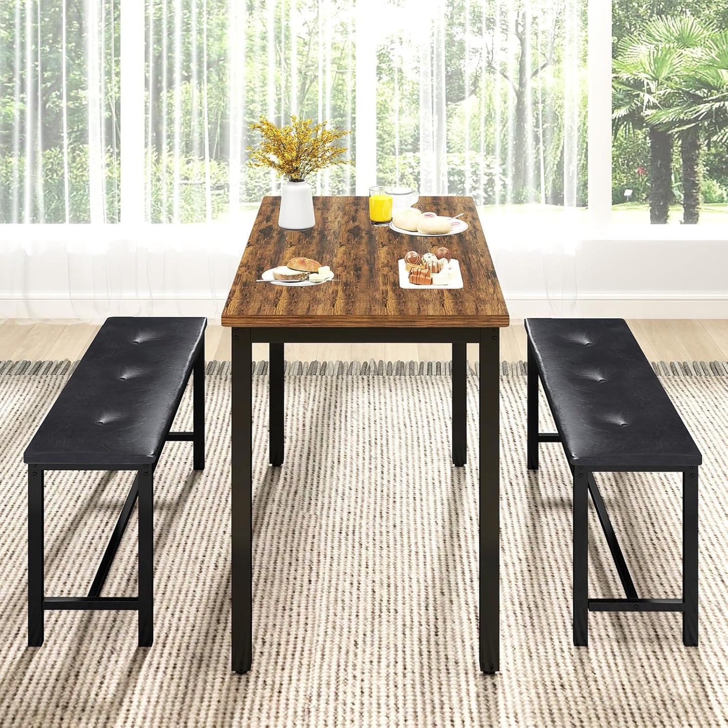 Rovibek Dining Room Table Bench Set for 4, Modern Space Saving Kitchen Table with with 2 Upholstered Benches & Adjustable Feet, Wooden Breakfast Table, 43", Brown