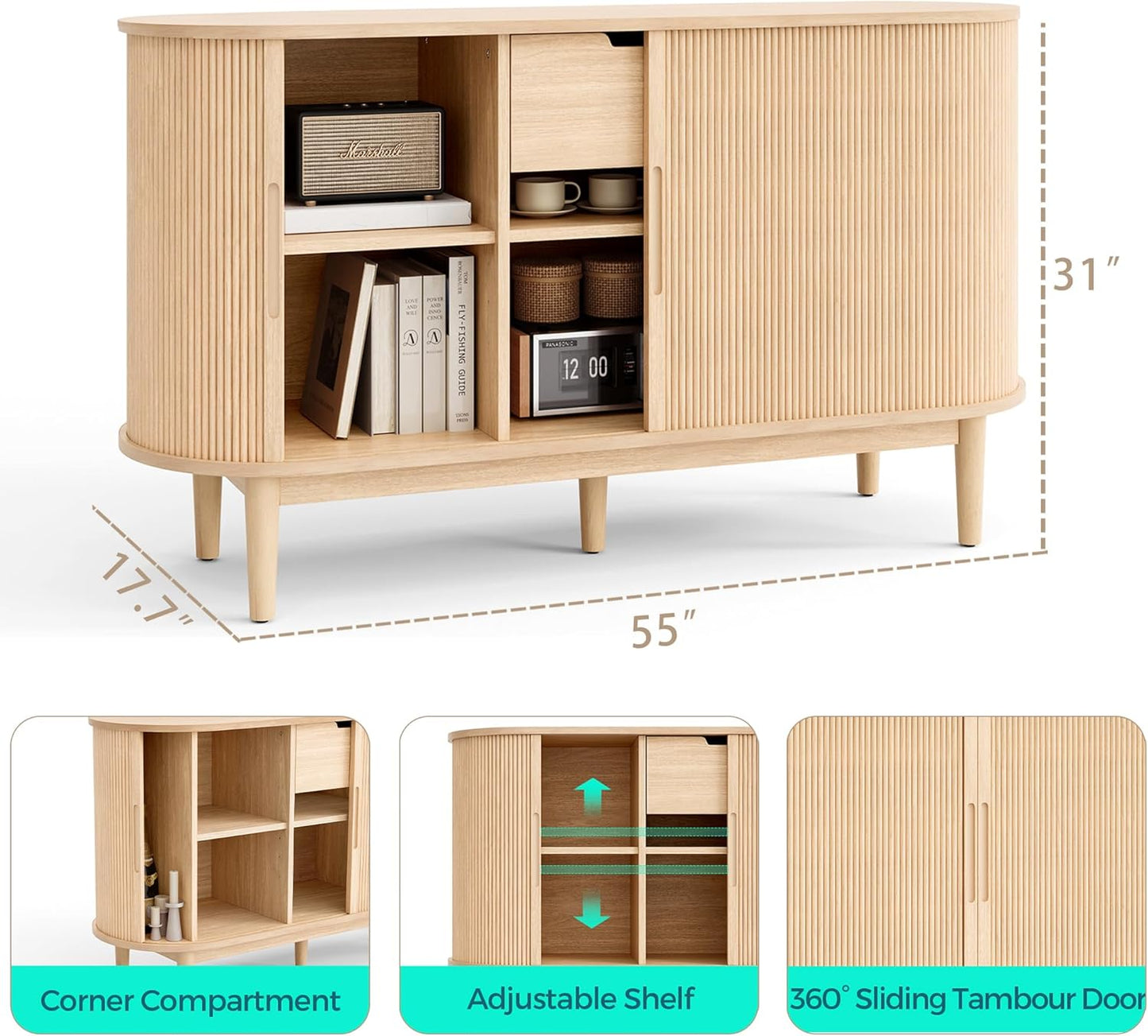 LINSY HOME Sideboard Buffet Cabinet with Storage, 55" Fluted Coffee Bar Cabinet with Tambour Sliding Doors and Drawer, Mid Century Modern Wood Storage Buffet Table for Kitchen, Living Room, Oak