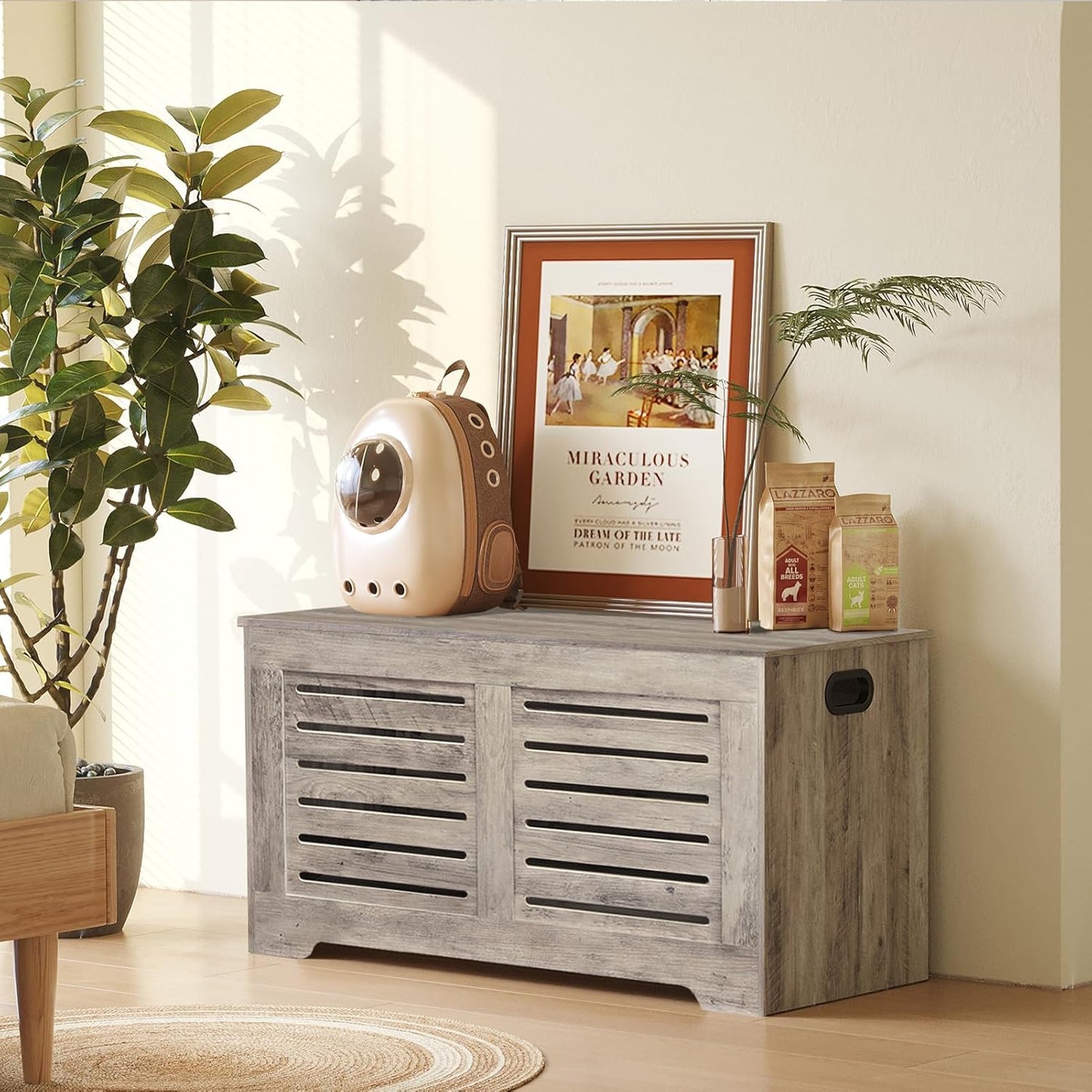 DINZI LVJ Storage Chest, Wooden Toy Box Organizer with 2 Safety Hinges, Flip-top Entryway Shoe Bench, Good Ventilation, Retro Storage Bench for Living Room, Bedroom, Easy Assembly, Greige