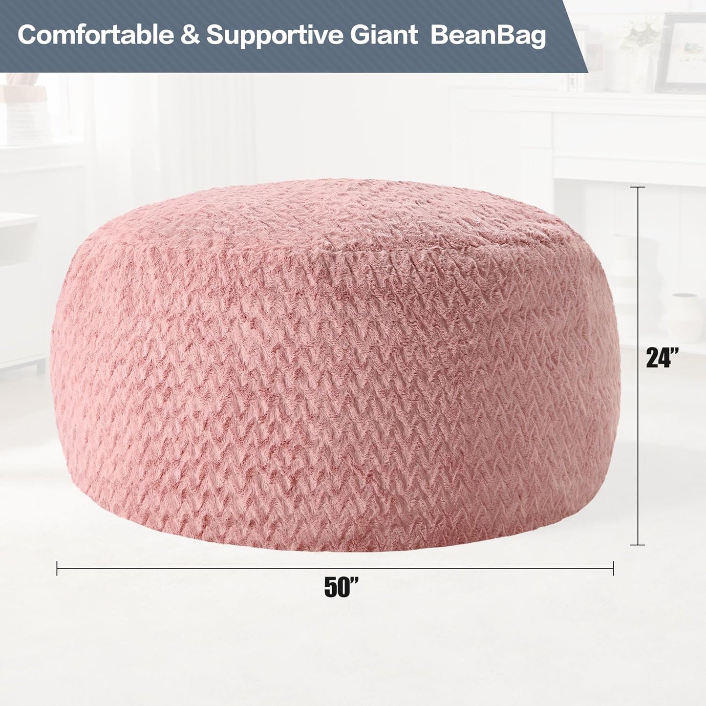 5ft Bean Bag Chairs for Adults Large Beanbag Chair with Chevron Plush Fur Cover Big Bean Bag Chair for Living Room Bedroom Dorm (Pink)