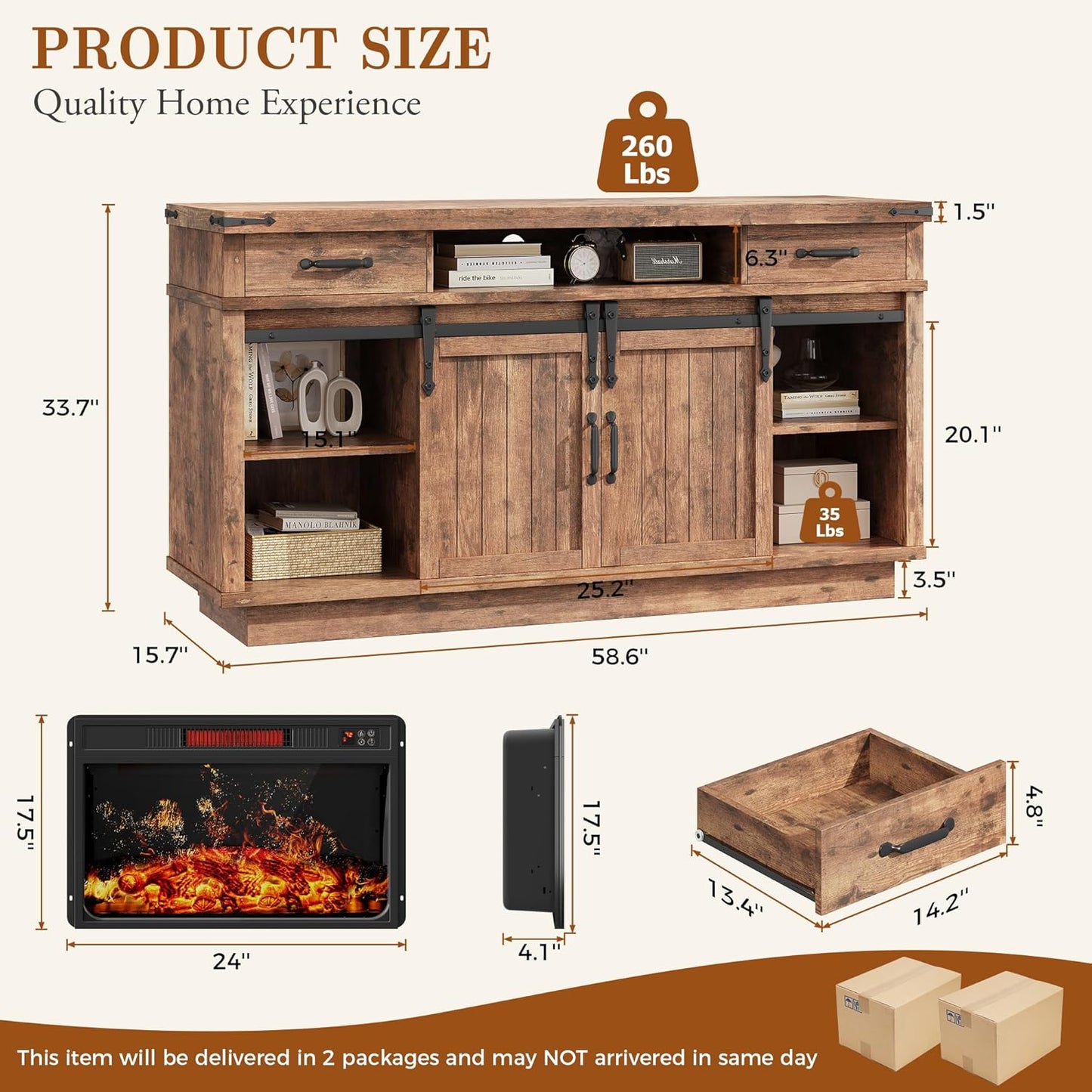 59'' Fireplace TV Stand with 3D Flame Electric Fireplace Heater, 34'' Tall Farmhouse TV Stand for 65 Inch TV, Entertainment Center TV Console with 2 Drawers, Sliding Barn Door for Living Room - Brown