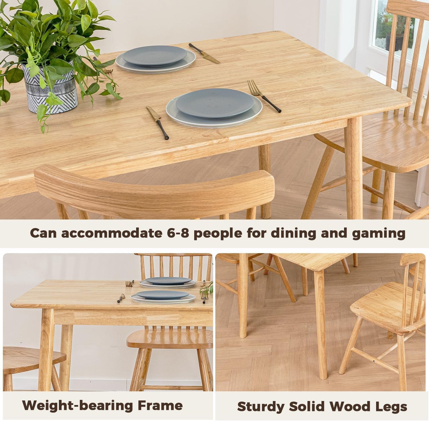 DELAVIN 59" Large Solid Wood Dining Table for 4-6 People, Mid Century Modern Oak Dining Room Table, Farmhouse Rectangular Kitchen Table for Dining Room, Living Room, Easy Assembly, Natural