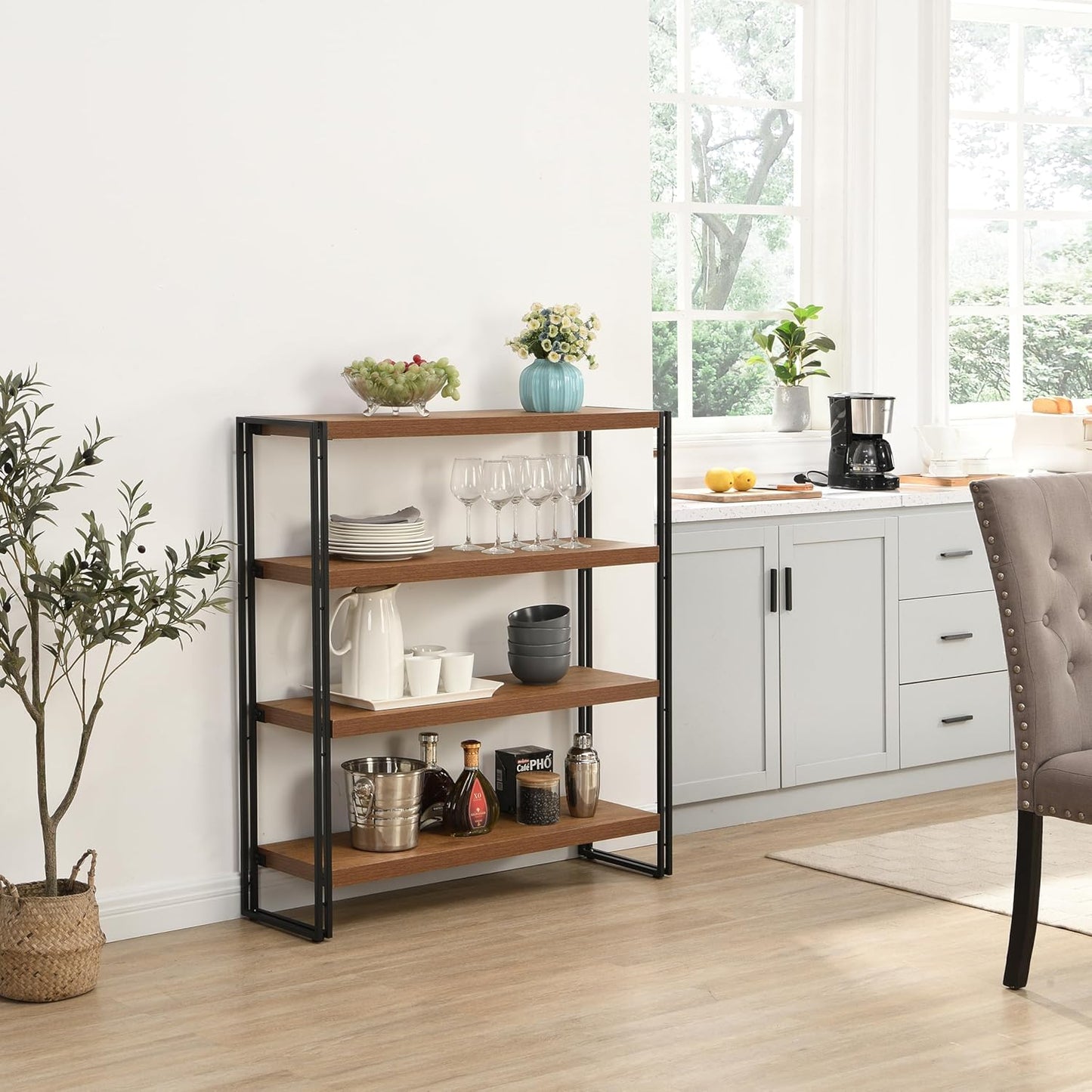 4 Tier Bookshelf Rustic Industrial Bookcase with Modern Open Wood Shelves, Brown