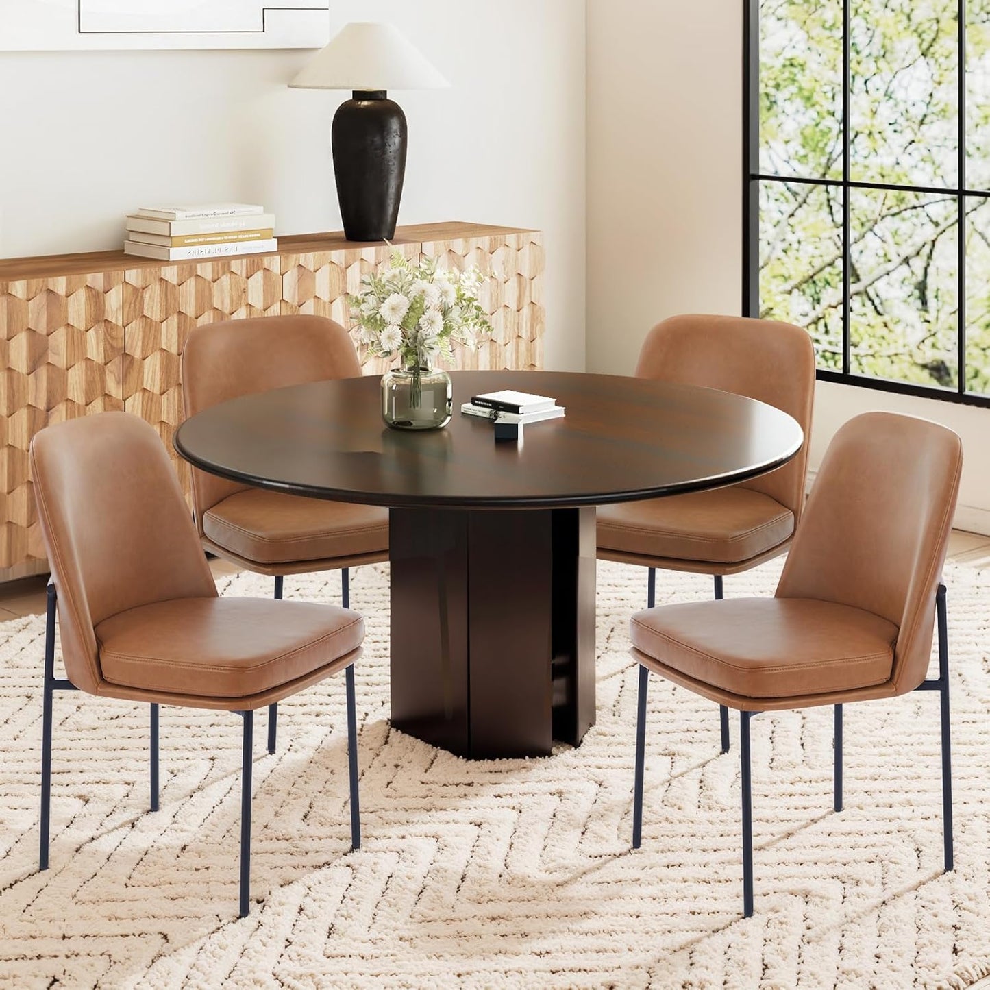 COLAMY Modern Dining Chairs Set of 4, Faux Leather Upholstered Kitchen Chairs with Curved Back & Metal Legs, Mid-Century Dining Room Chair (Brown)