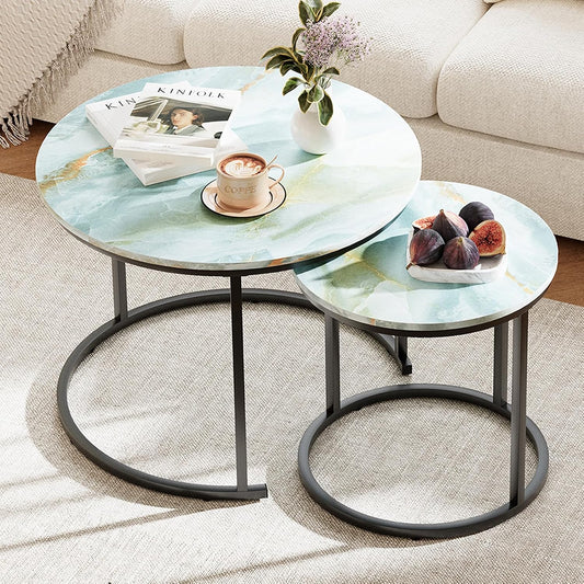 Garden 4 you Nesting Coffee Table, 23.6" Round Coffee Table Set of 2, Wooden Nesting Table Set for with Metal Frame, Side Tables for Living Room Bedroom Balcony, Blue