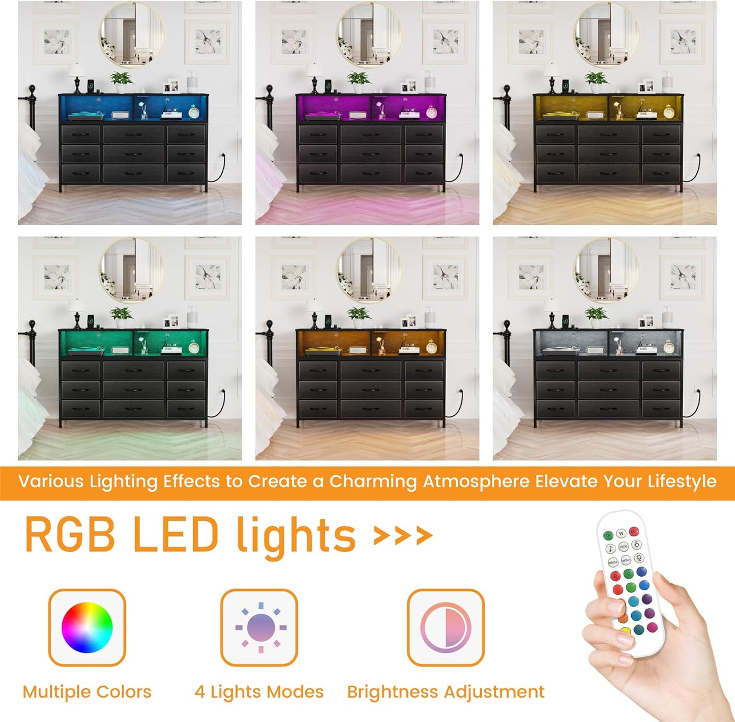 Black Dresser for Bedroom, 9 Drawers Led Dresser TV Stand with Power Outlets and LED Lights, Long Fabric Dressers Wide Chest of Drawers with Large Organizer for Living Room, Entryway, Hallway