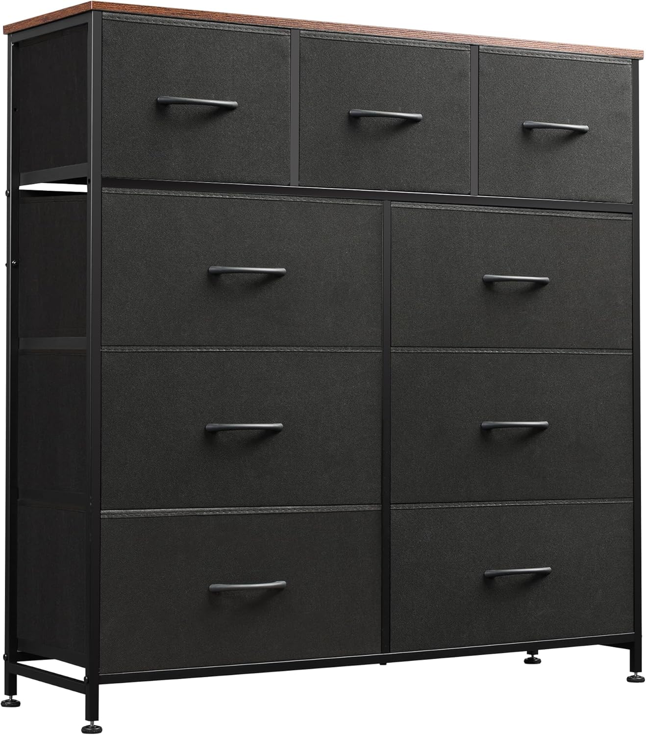 WLIVE 9 Drawer Dresser, Fabric Storage Tower for Bedroom, Hallway, Closet, Tall Chest Organizer Unit for Bedroom with Fabric Bins, Steel Frame, Wood Top, Easy Pull Handle, Black and Rustic Brown