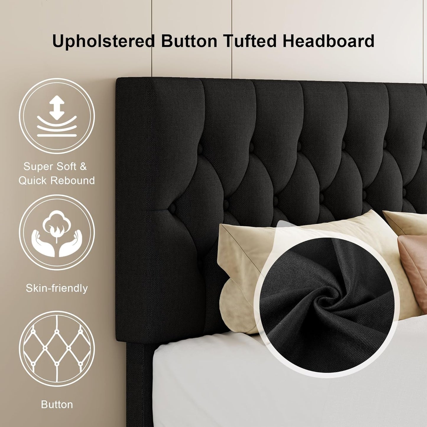 Feonase King Size Platform Bed Frame, Upholstered Bed with Button Tufted Headboard, Heavy Duty Wooden Slats & Thickened Feet, No Box Spring Needed, Noise-Free, Easy Assembly, Black